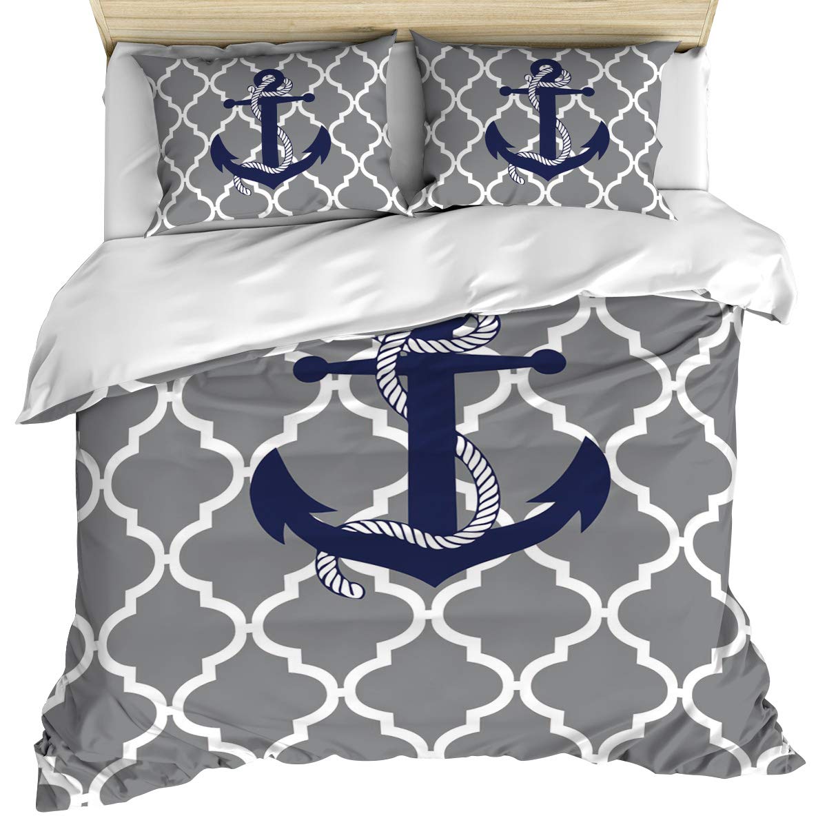 Nautical Anchor Duvet Cover Set - Navy Blue & Grey Microfiber for All Seasons | Queen Size Bedding
