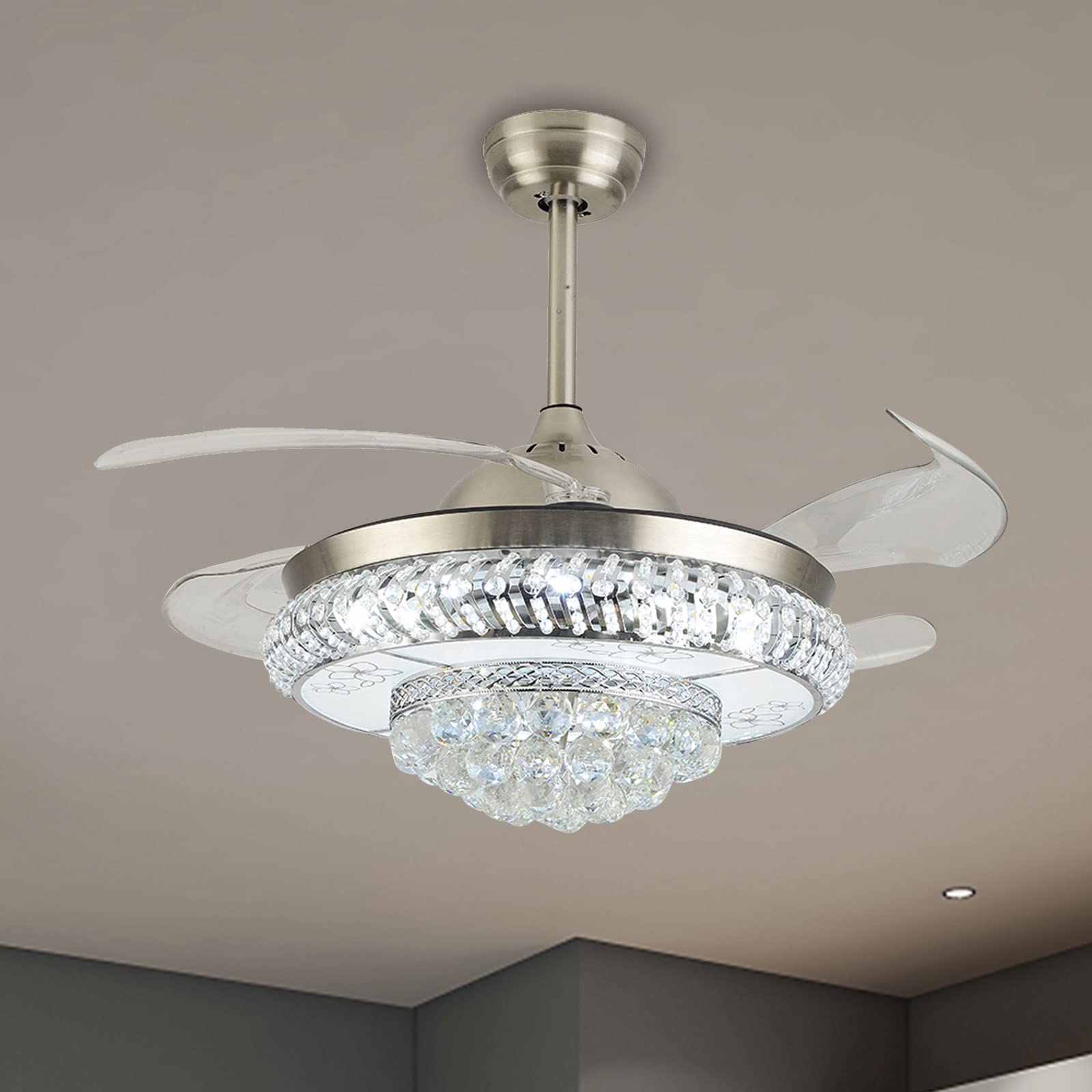 WOQLIBE 36 Inch Crystal Ceiling Fan with Remote Control - 3 Speed Settings & 3 Color Changing LED Lights - Retractable 4 Blades Brushed Nickel Fan for Bedroom, Living Room, Dining Room - Perfect for Home Decor and Air Circulation