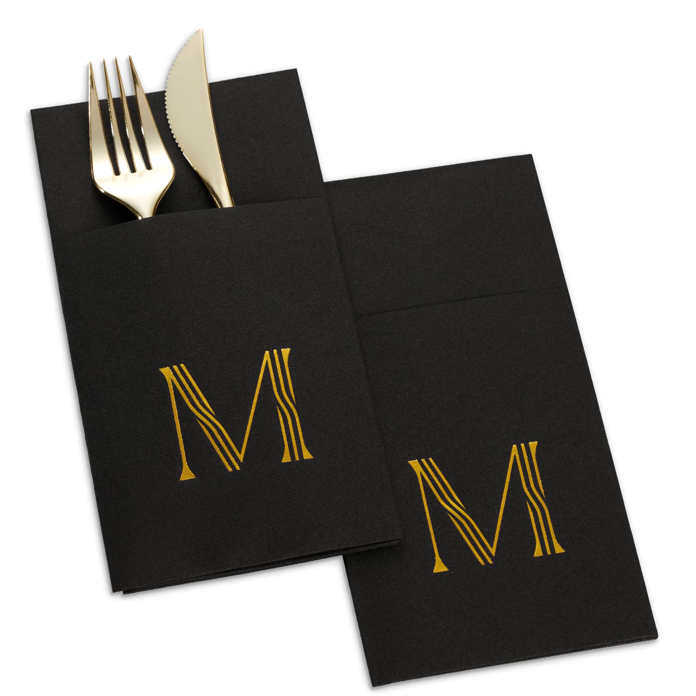 50-Pack Black Monogrammed Napkins with Silverware Pocket - 16