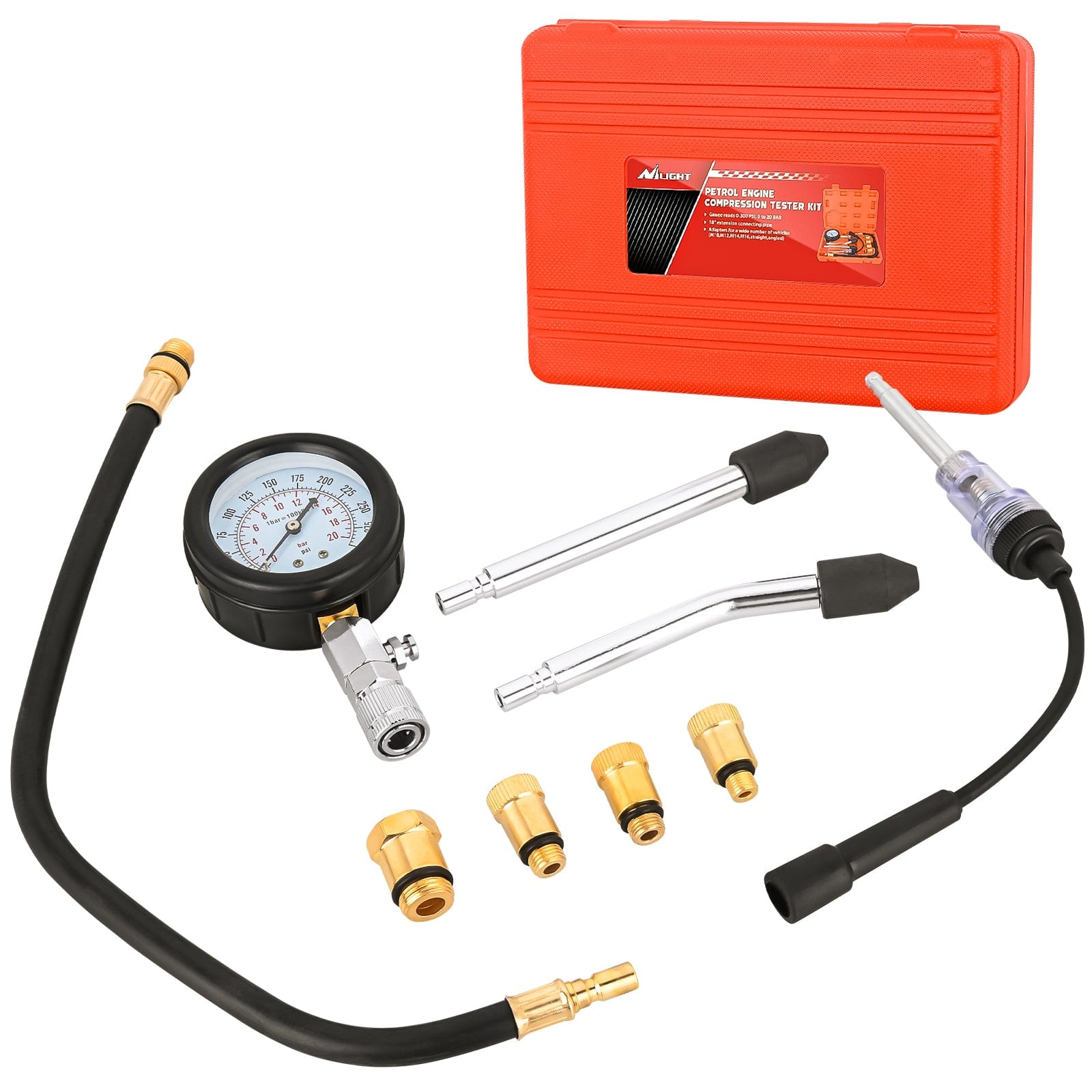 9PCS Petrol Gas Engine Cylinder Compression Tester Kit - Professional Automotive Diagnostic Tool for Motorcycle, ATV, Small Engine - Perfect for Mechanics & DIY Enthusiasts