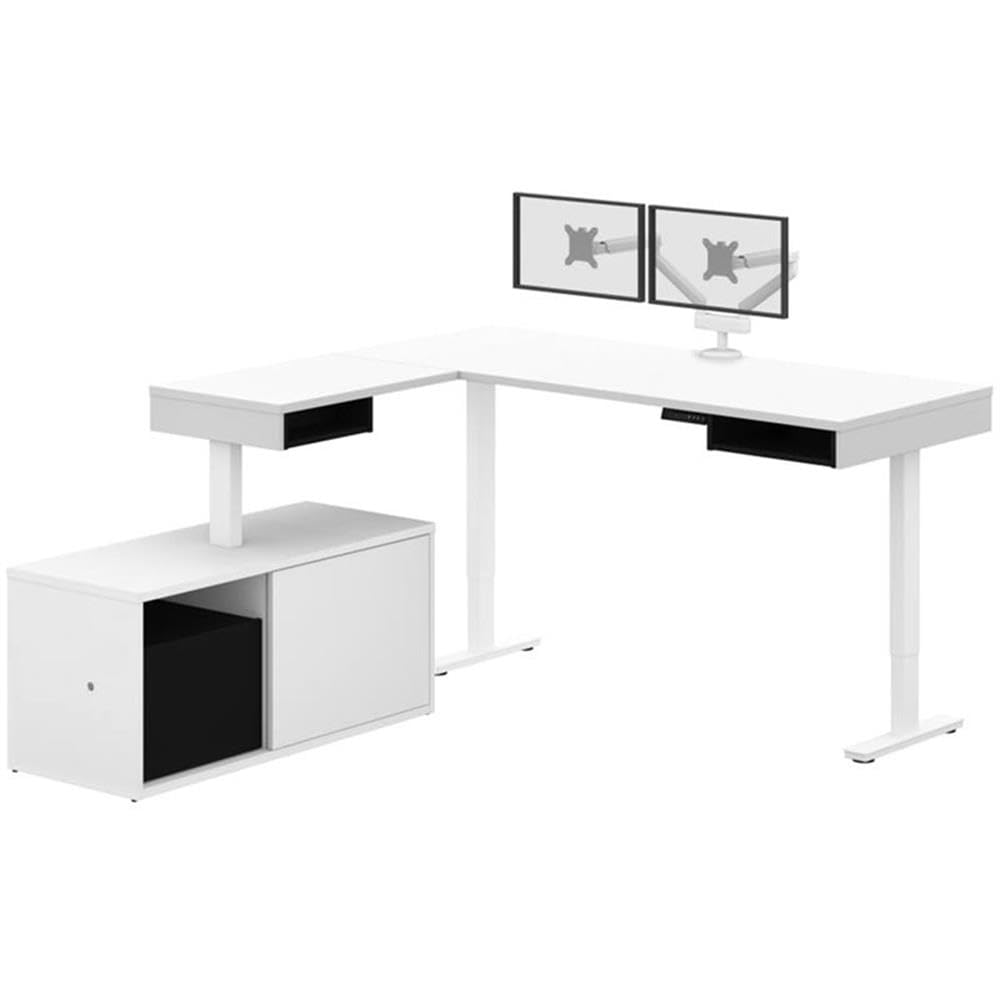 Ergonomic L-Shaped Adjustable Standing Desk with Credenza & Monitor Arms - Home Office Workstation for Remote Work & Gaming Setup