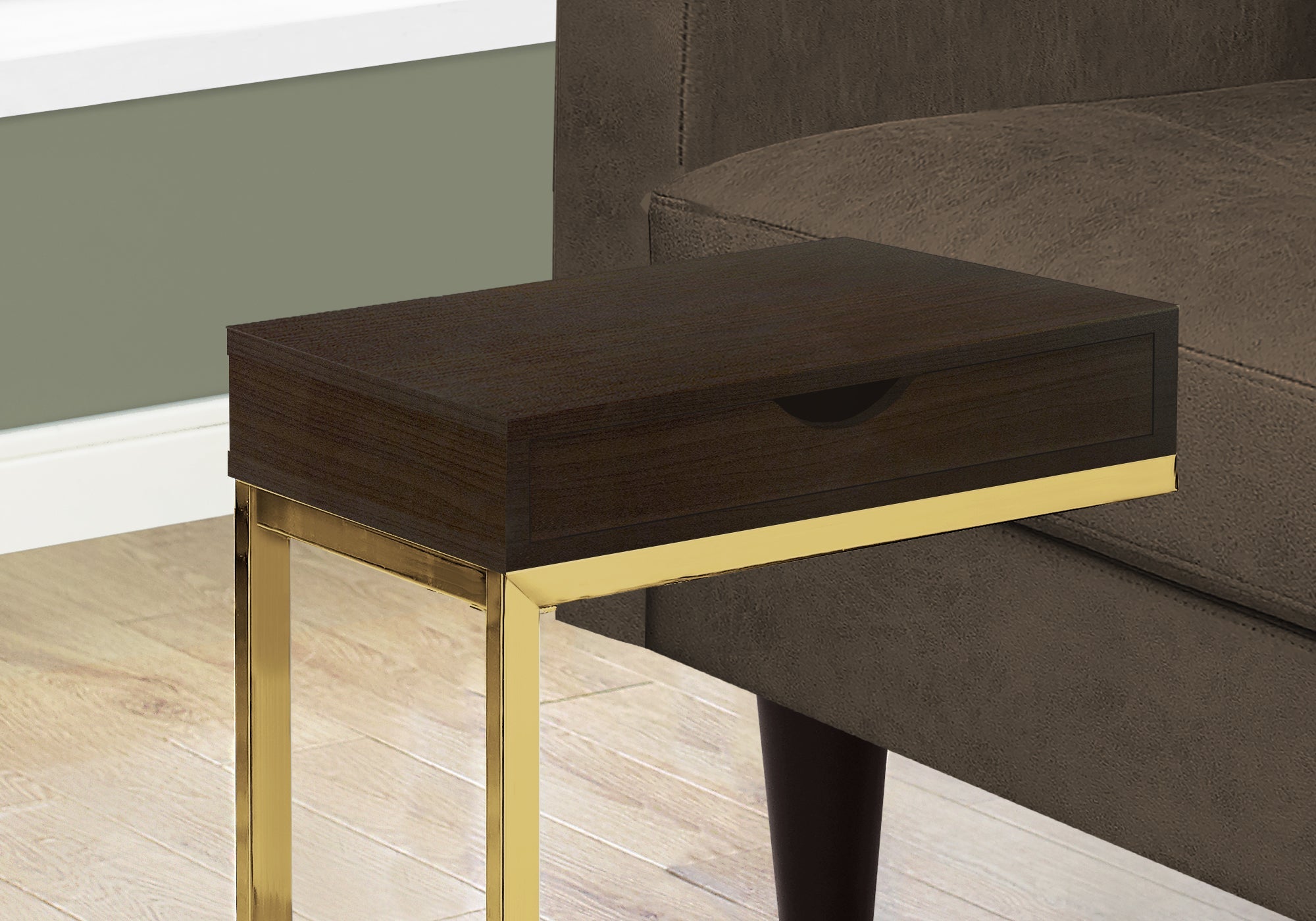Modern Accent Table with Drawer - Cappuccino Finish & Gold Metal Base | Perfect for Living Room, Bedroom, or Entryway Decor
