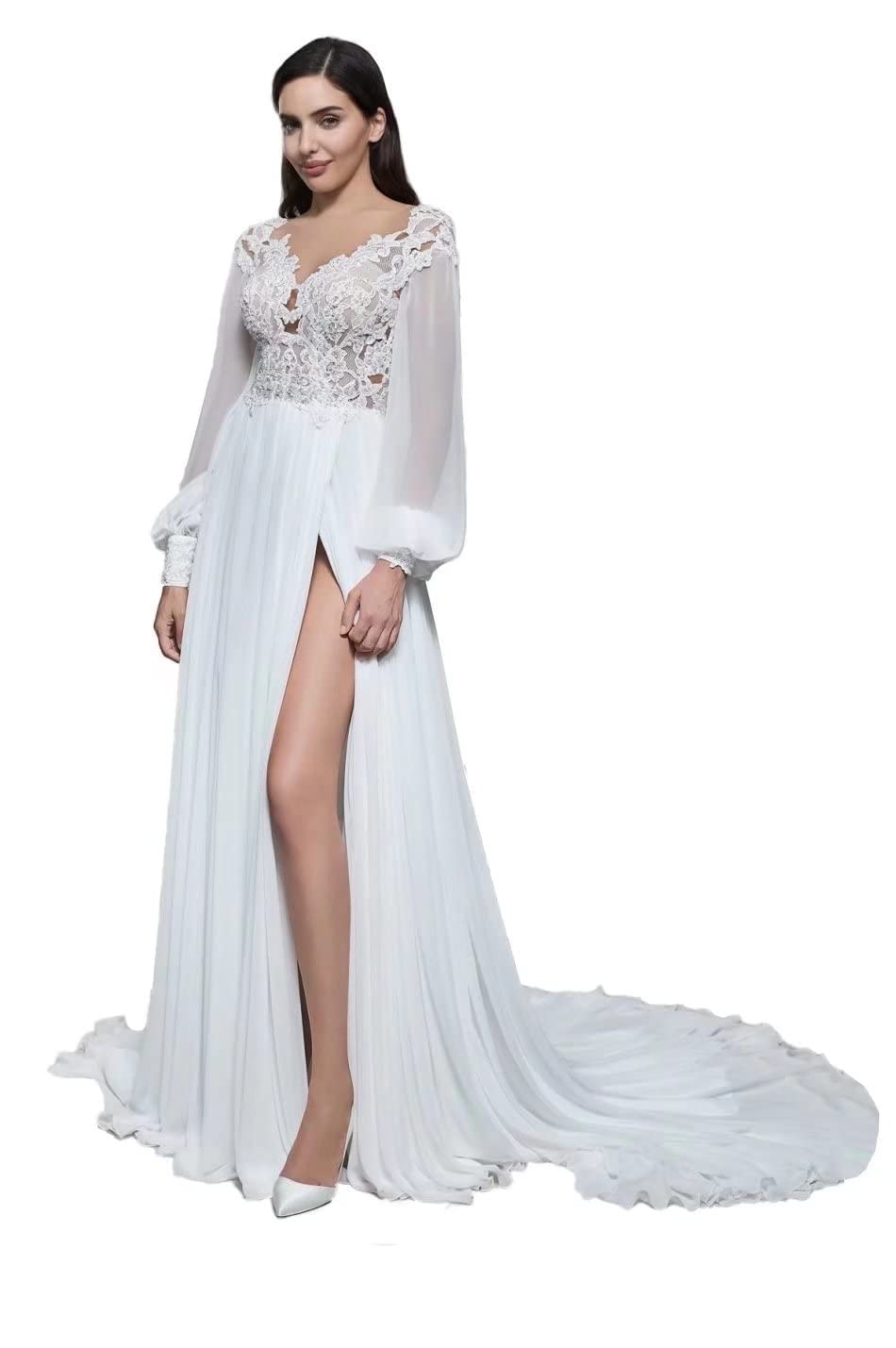 2022 Elegant A-Line Lace Wedding Dress for Women – Long Sleeve Scoop Neck Bridal Gown with Applique Details & Train | Perfect for Church Ceremonies, Beach Weddings & Formal Receptions