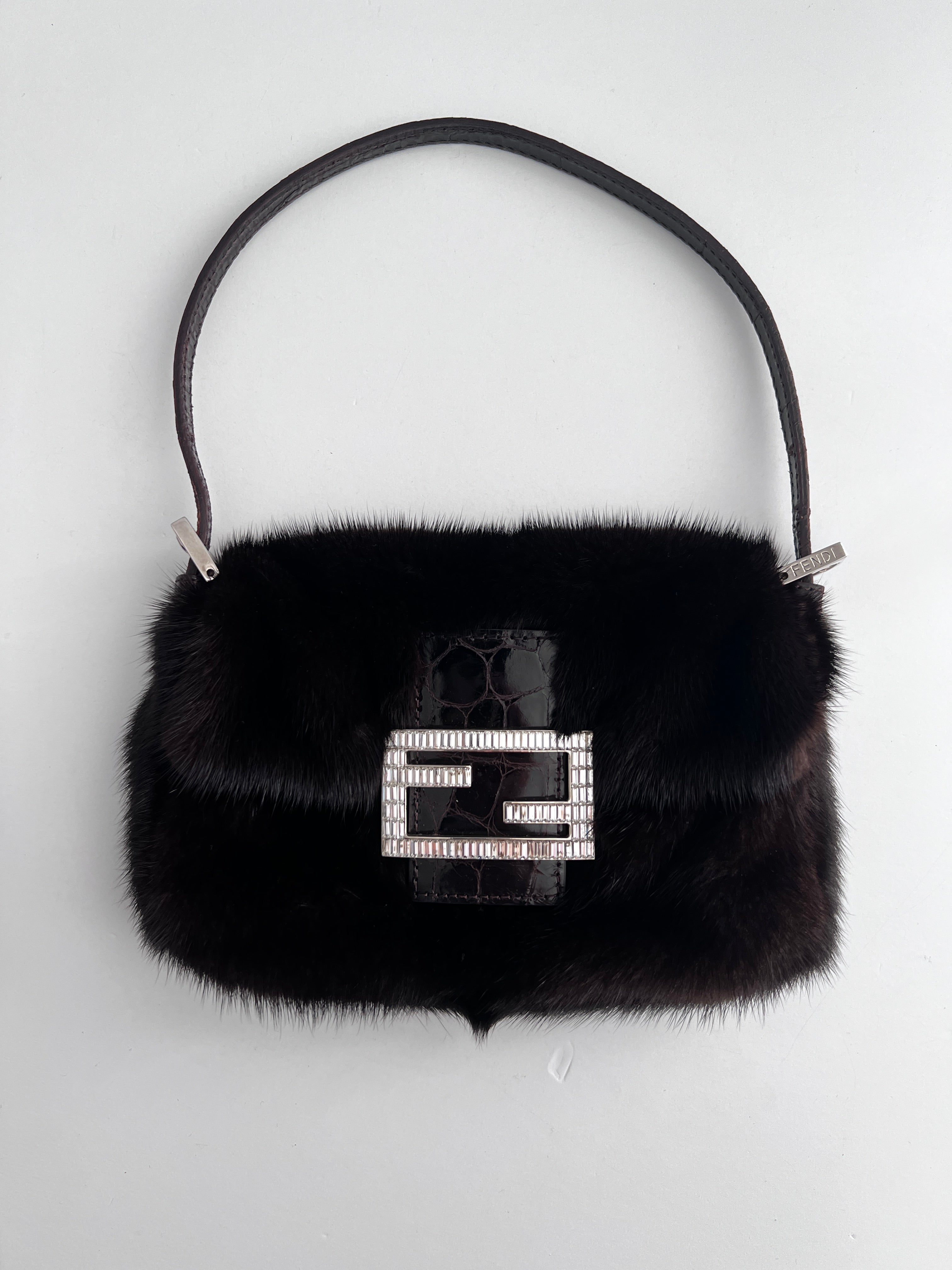 Vintage Fendi Brown Mink Fur Mini Baguette Bag - Luxury Designer Crossbody Purse for Women, Perfect for Evening Parties & Special Occasions