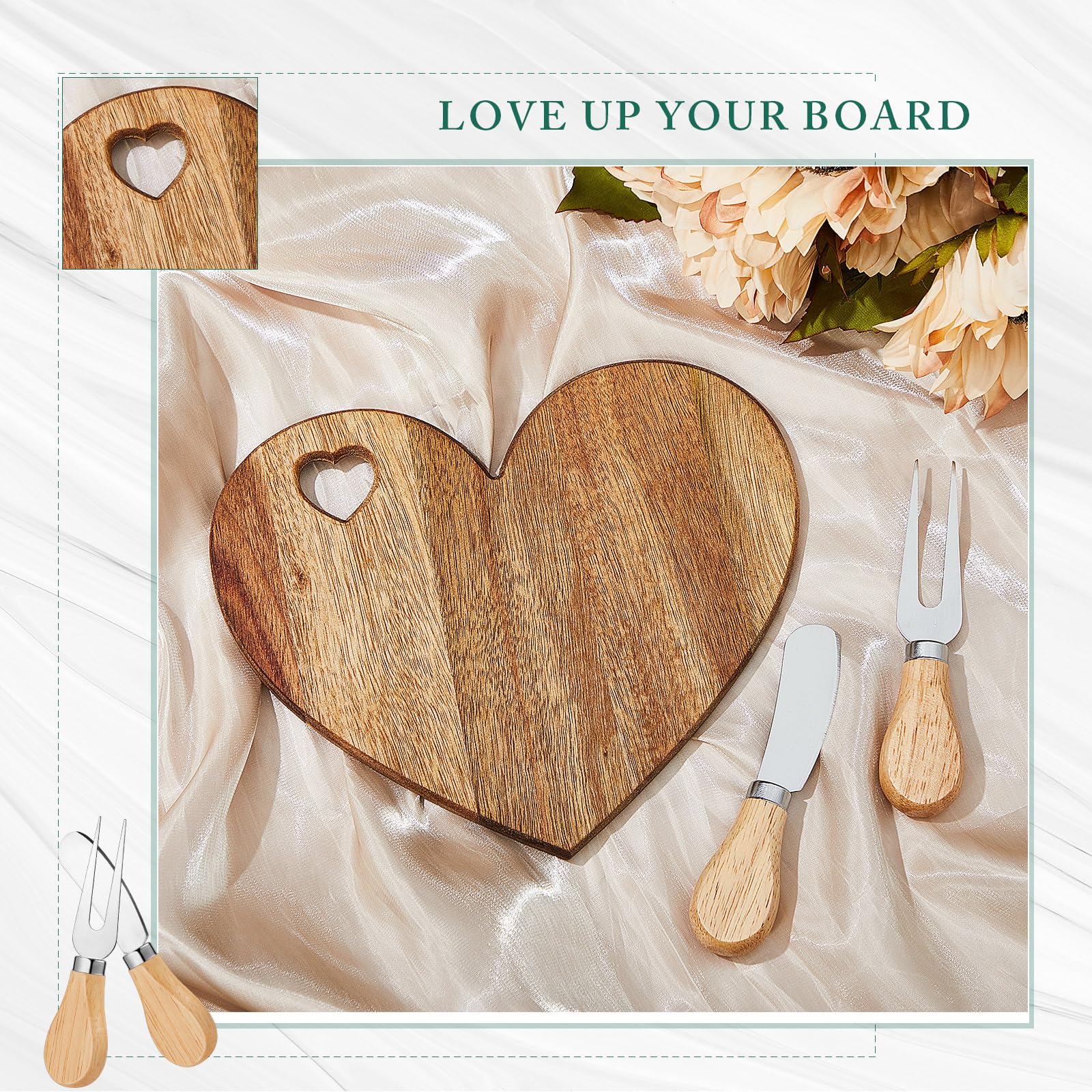 36-Piece Heart-Shaped Acacia Wood Cheese Board Set with Knives - Perfect for Bridal Showers, Baby Showers, Weddings & Valentine's Gifts - Elegant Charcuterie Serving Platter & Thank You Favors for Guests