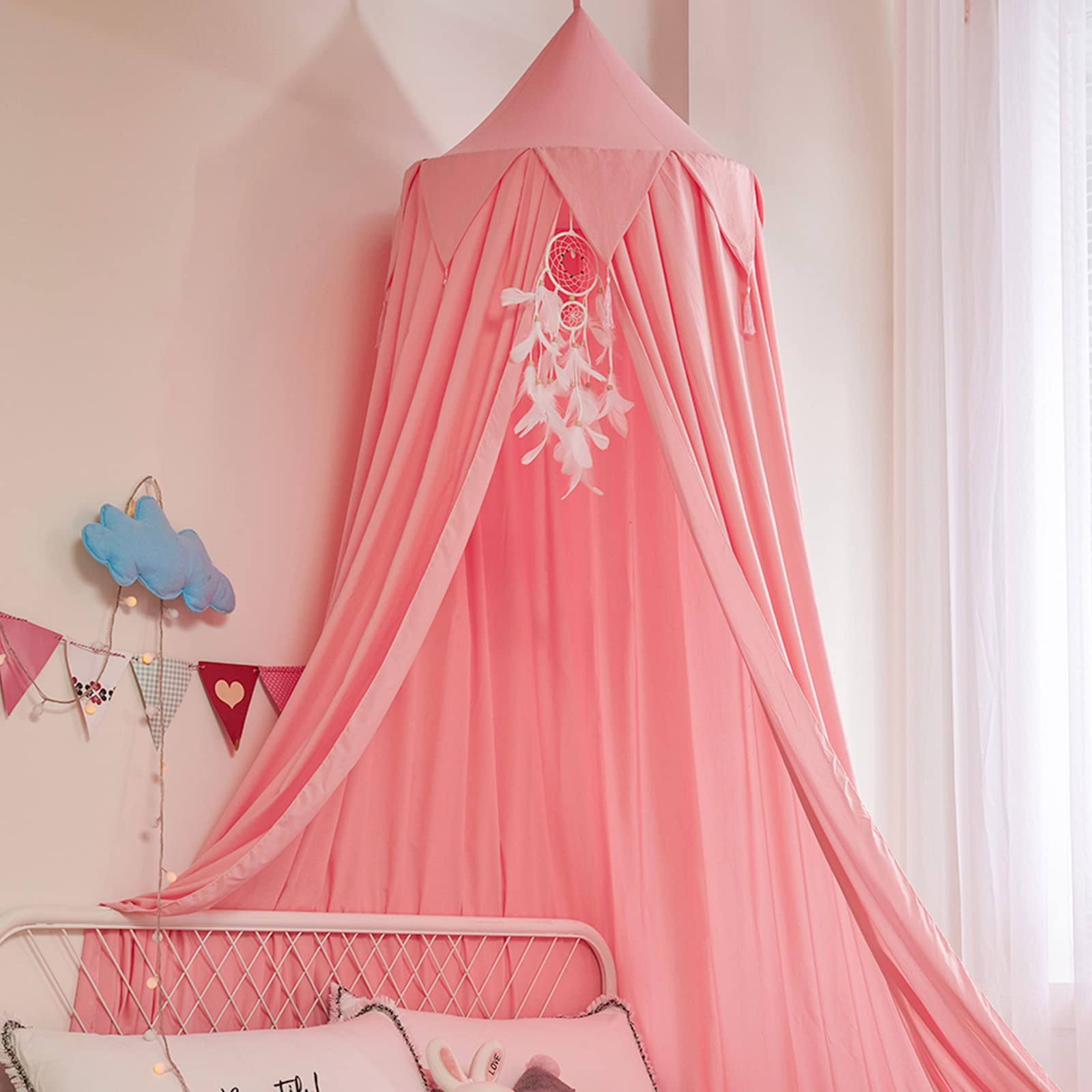 Girls Bed Canopy - Pink Castle Tent for Queen Size Bed, Reading Nook Decor