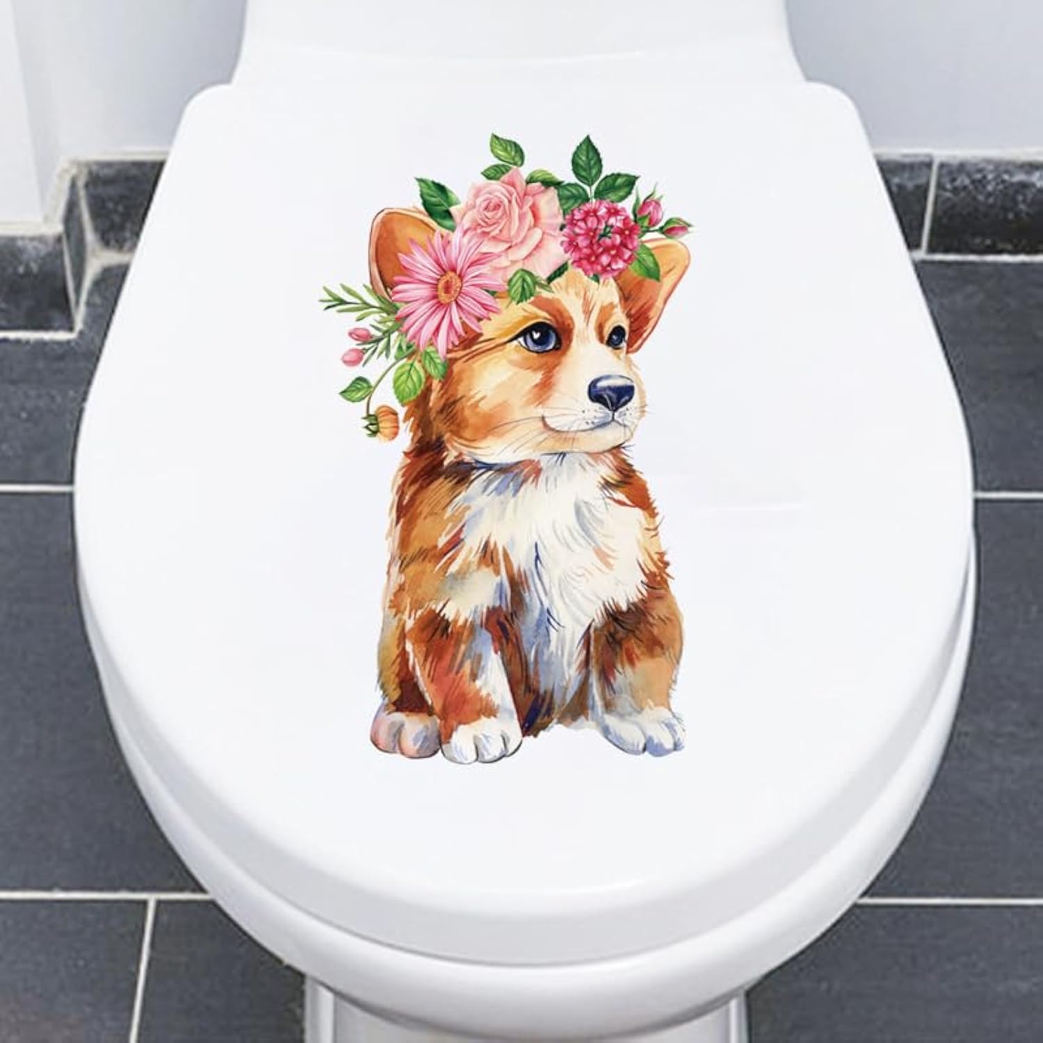 Dog Flower Wreath Toilet Lid Stickers - Waterproof Self-Adhesive Bathroom Decals for Pet Lovers | Perfect for Toilet Tank, Seat & Wall Decor in Dog-Themed Bathrooms