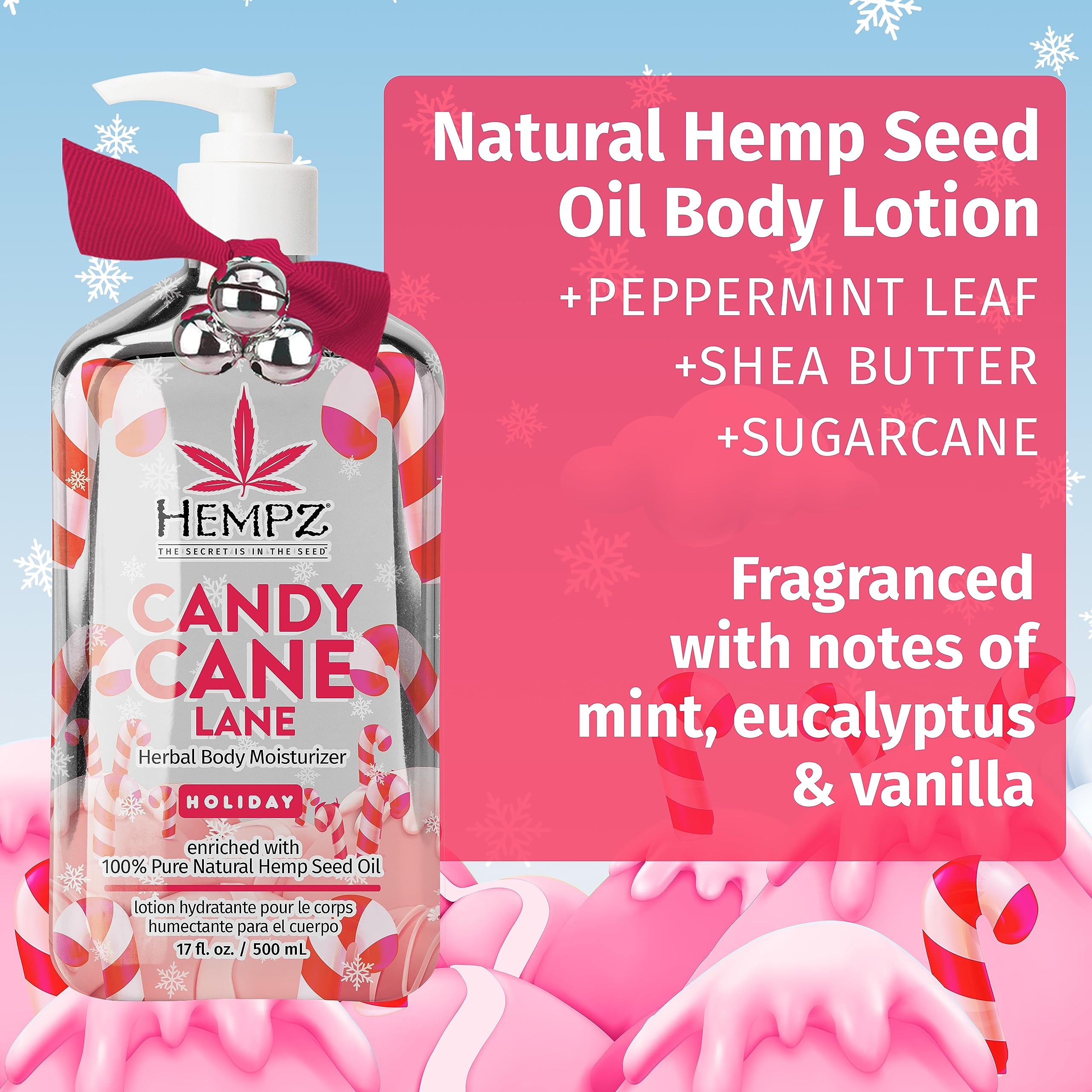 Hempz Limited Edition Peppermint Candy Cane Herbal Body Lotion 17oz - Hydrating Moisturizer for Dry Skin - Holiday Gift for Women & Men - Perfect for Winter Skincare & Daily Hydration