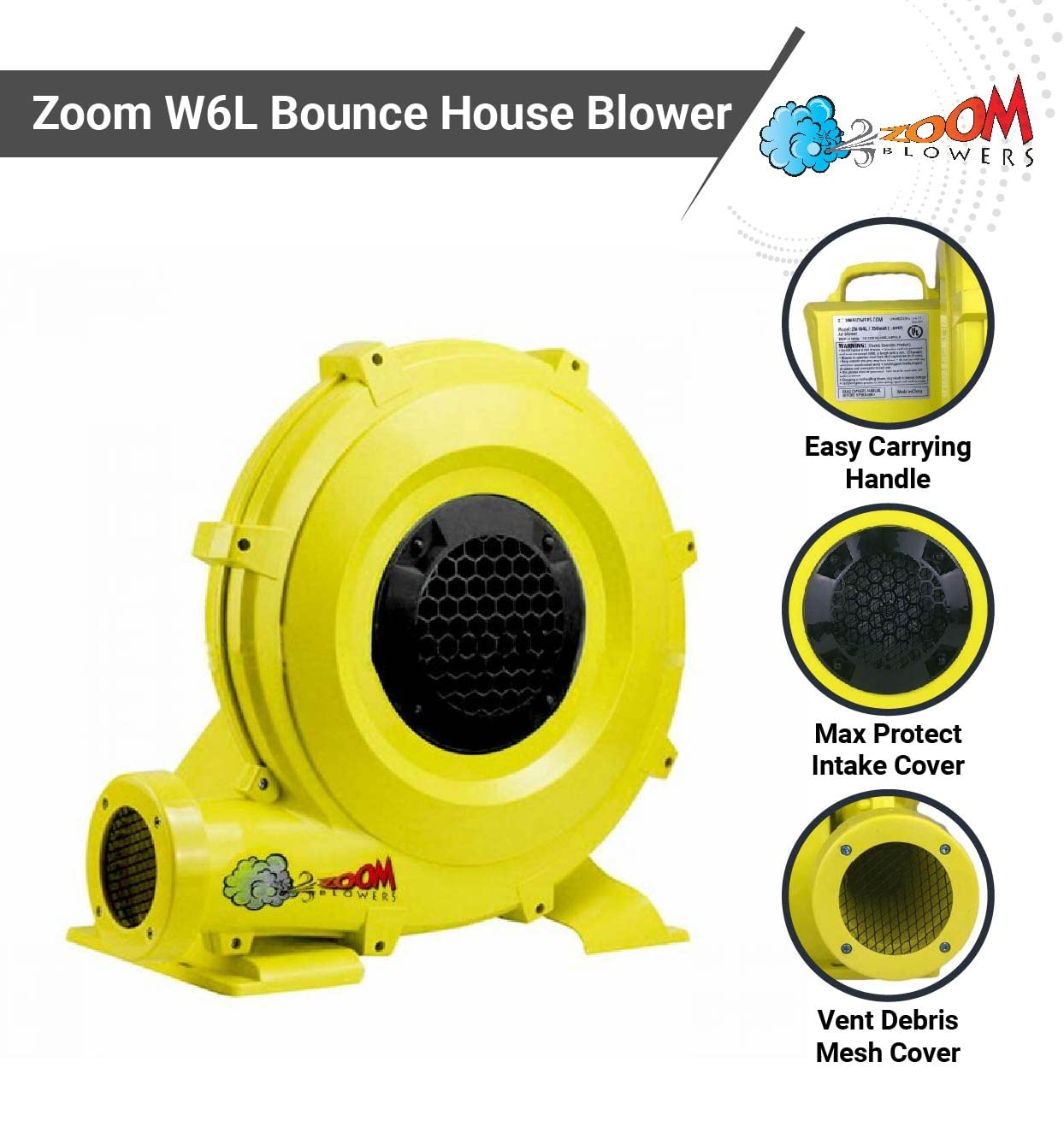 Zoom Blowers Portable Air Pump for Inflatables - High Power Compact Electric Air Blower for Bounce Houses, Water Slides & Obstacle Courses | Energy Efficient Outdoor Party & Kids Event Inflatable Pump