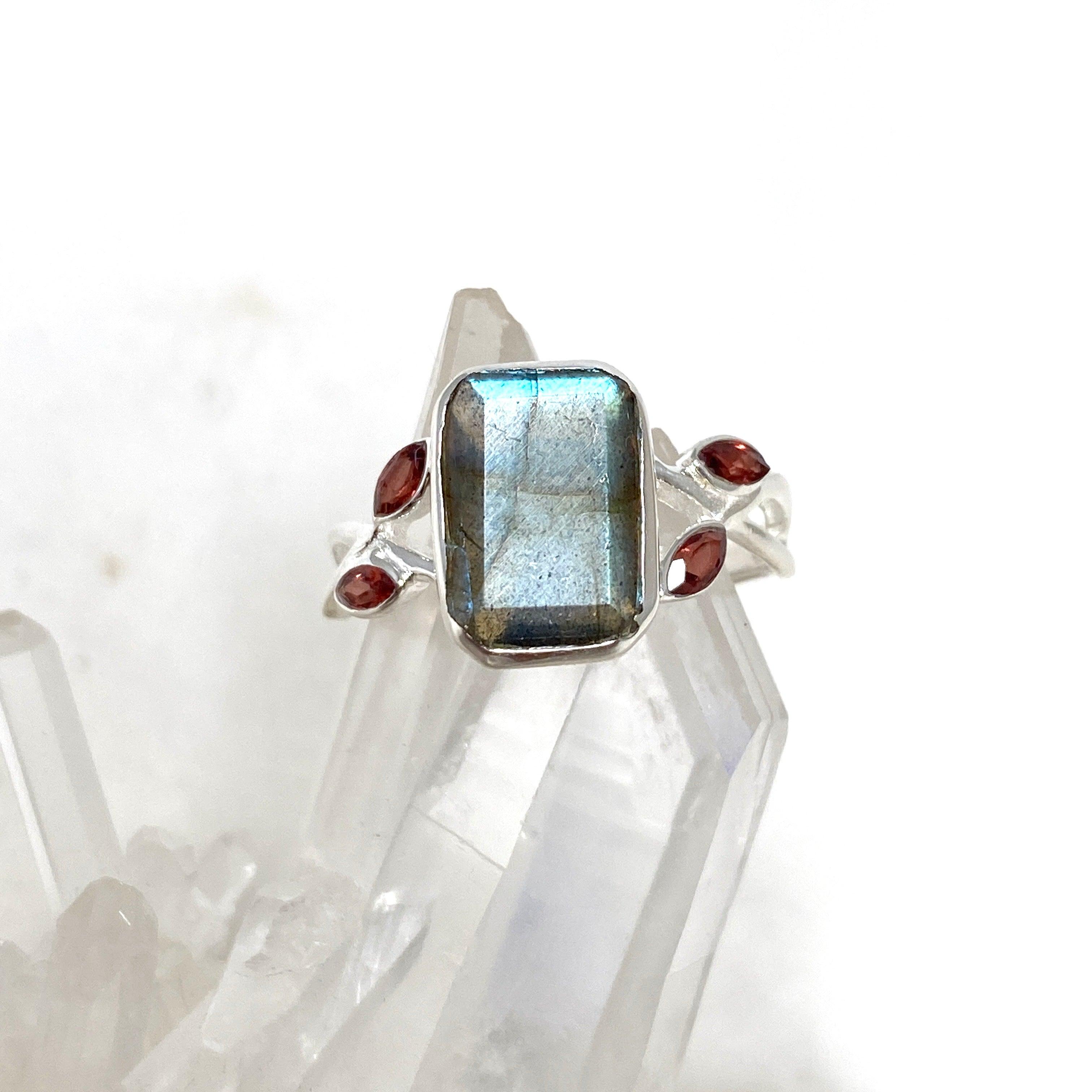 Labradorite Faceted Rectangular Multistone Ring with Botanical Details R3806 - Elegant Gemstone Jewelry for Women, Perfect for Weddings, Parties & Special Occasions