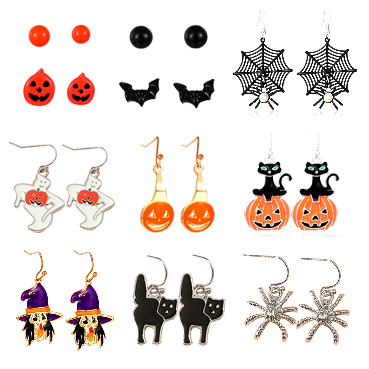 Yfstyle 9 Pairs Halloween Drop Dangle Earrings - Pumpkin, Skeleton, Witch, Ghost & Spider Designs for Women & Girls | Perfect for Halloween Costume Parties, Trick or Treat & Spooky Events