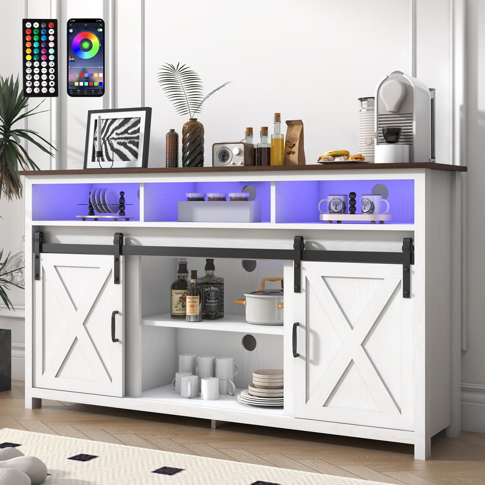 Rustic Farmhouse Coffee Bar Cabinet with Power Outlet - Wooden Sideboard Buffet Storage Cabinet with Shelves - White Kitchen & Dining Room Serving Table Cupboard for Coffee Station, Living Room Decor