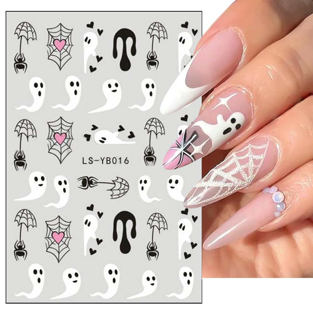 3D Halloween Nail Stickers - Self-Adhesive Pink Ghost, Skull, Pumpkin & Spider Web Designs - DIY Nail Art Decals for Women & Kids - 6 Sheets - Perfect for Halloween Parties, Costume Nails & Spooky Nail Art