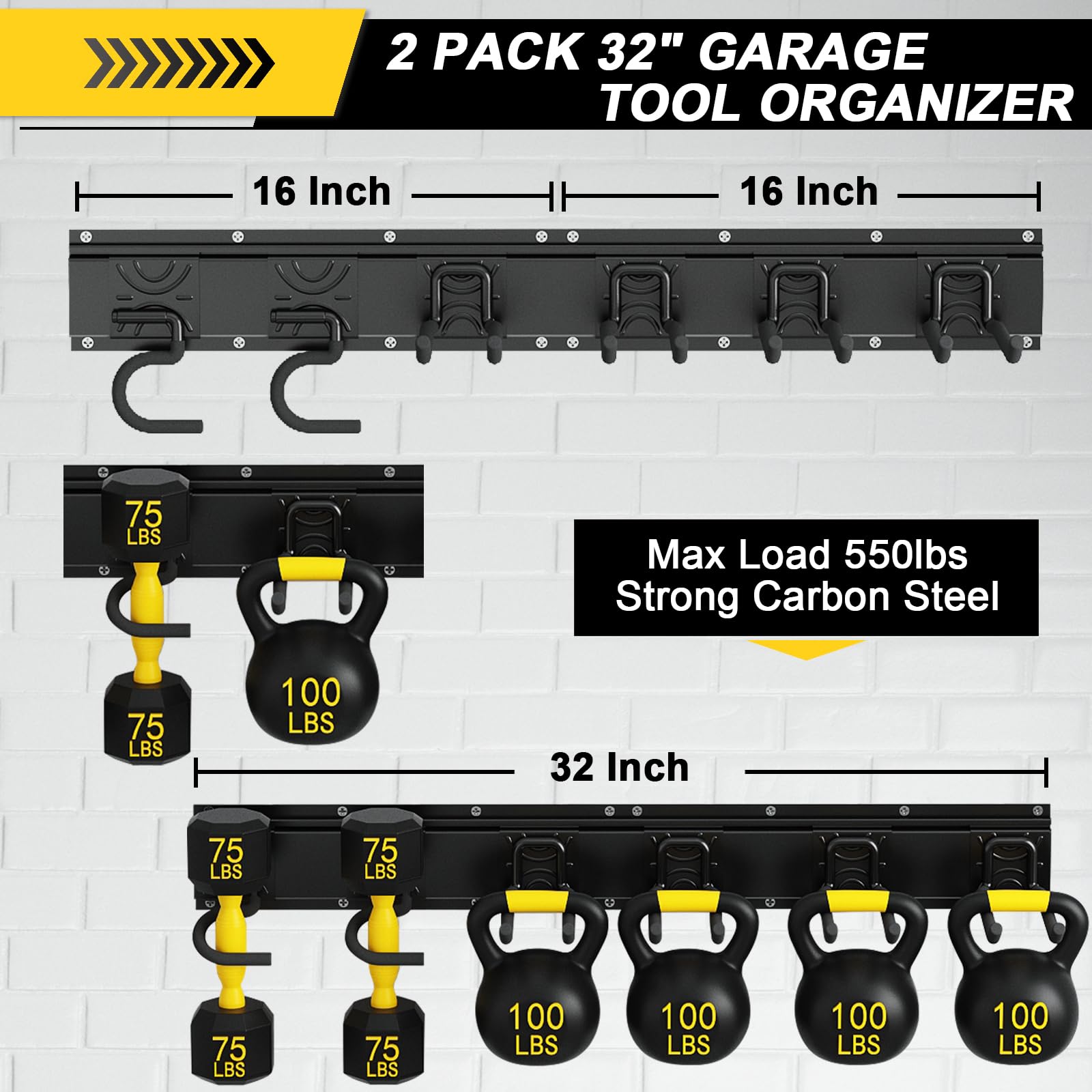 Godboat Garage Storage Wall Mount - 6 Hooks Heavy Duty Tool Organizer (32 Inch) for Yard Tools, Water Hose & Garden Equipment - 550lbs Max Load - Perfect for Garage Organization & Father's Day Gifts - Ideal for DIY Projects, Home Improvement & Outdoor Storage Solutions