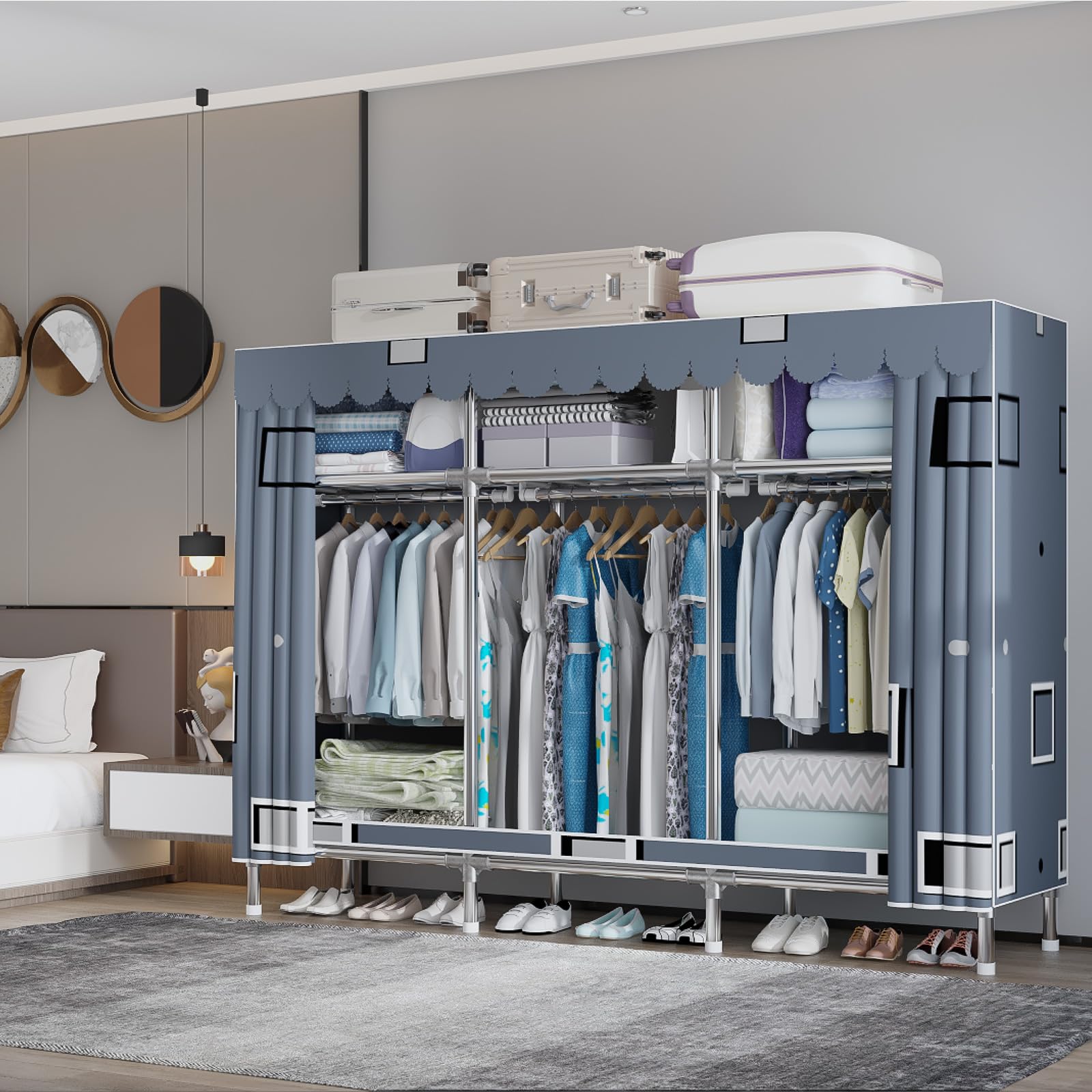 76-Inch Portable Wardrobe Closet with 23MM Thick Steel Frame & Polyester/Cotton Cover - Phantasy Blue | Heavy-Duty Clothes Storage Organizer for Bedroom, Closet, Dorm, Apartment | Space-Saving Solution for Seasonal Clothing & Accessories