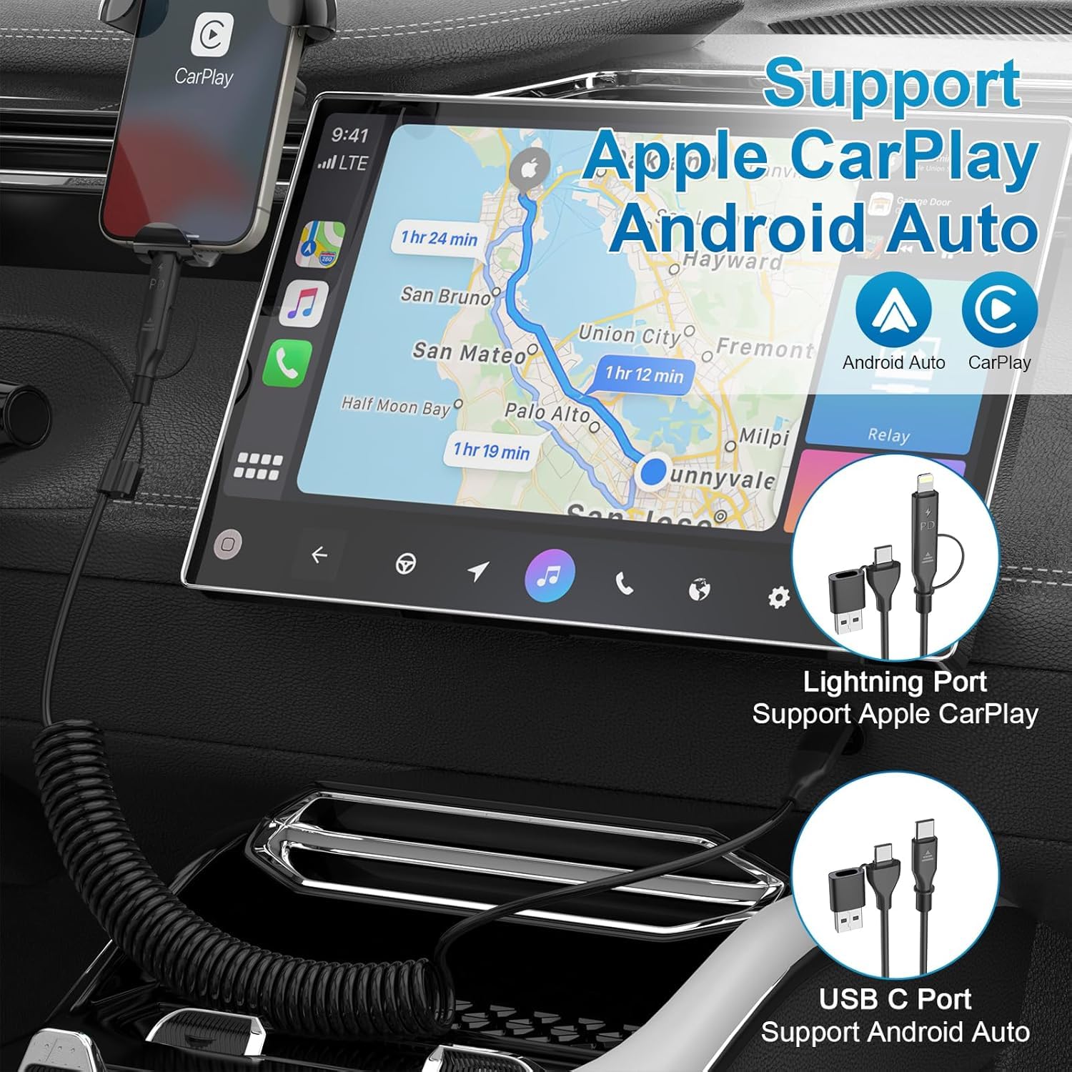 60W USB C to Lightning Fast Charging Cable for iPhone 16/15/14/13 - 4-in-1 Coiled CarPlay Cable with Apple CarPlay & Android Auto Support - 2 Pack 4FT Durable Charger for Car, Home & Travel