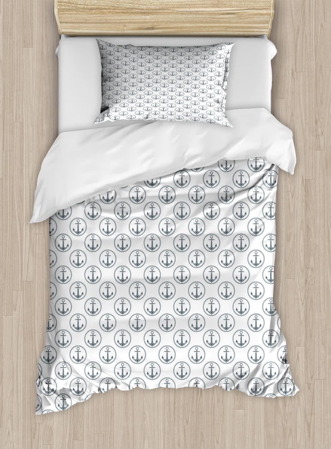 Ambesonne Anchor Duvet Cover Set - Navy Blue Floral Marine Circle Pattern, 2-Pack California King Size with 4 Pillowcases | Monochrome Black & White Bedding | Perfect for Coastal, Nautical or Summer Beach Themed Bedrooms