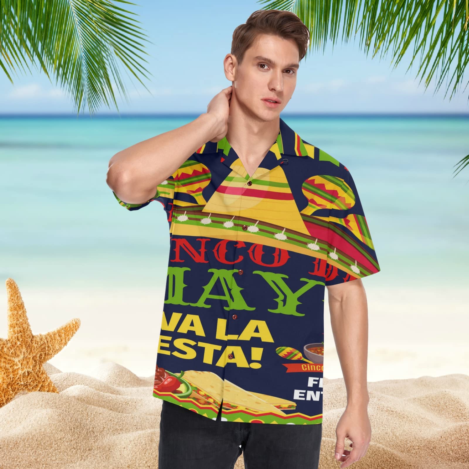 Mexican Men's Hawaiian Shirt - Cinco De Mayo Short Sleeve Aloha Shirt, Button Down Beach Shirt for Summer Vacation, Pool Party & Tropical Theme Events
