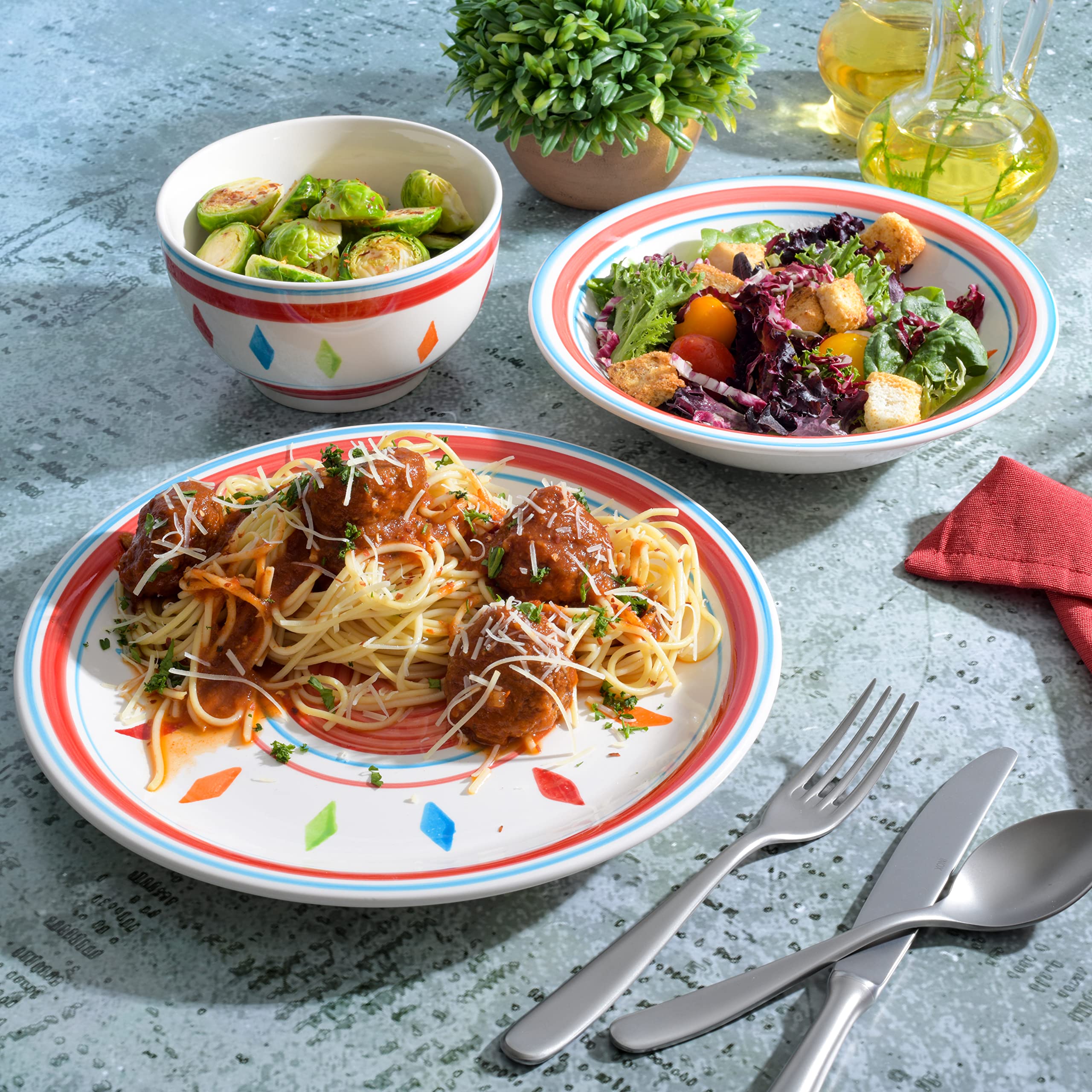 Gibson Home Heidy Hand Painted 12-Piece Dinnerware Set - Red Ceramic Plates, Bowls & Mugs, Service for 4 | Elegant Tableware for Everyday Dining, Dinner Parties & Holiday Gatherings