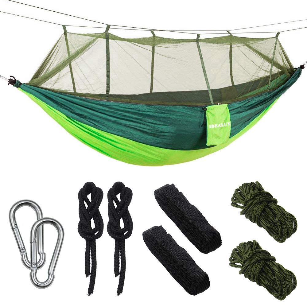 Lightweight Double Camping Hammock with Mosquito Net - 210T Nylon Portable Parachute Hammock for Outdoor Adventures, High Capacity & Tear Resistant - Perfect for Backyard Relaxation, Hiking, Beach Trips & Forest Camping (Green)