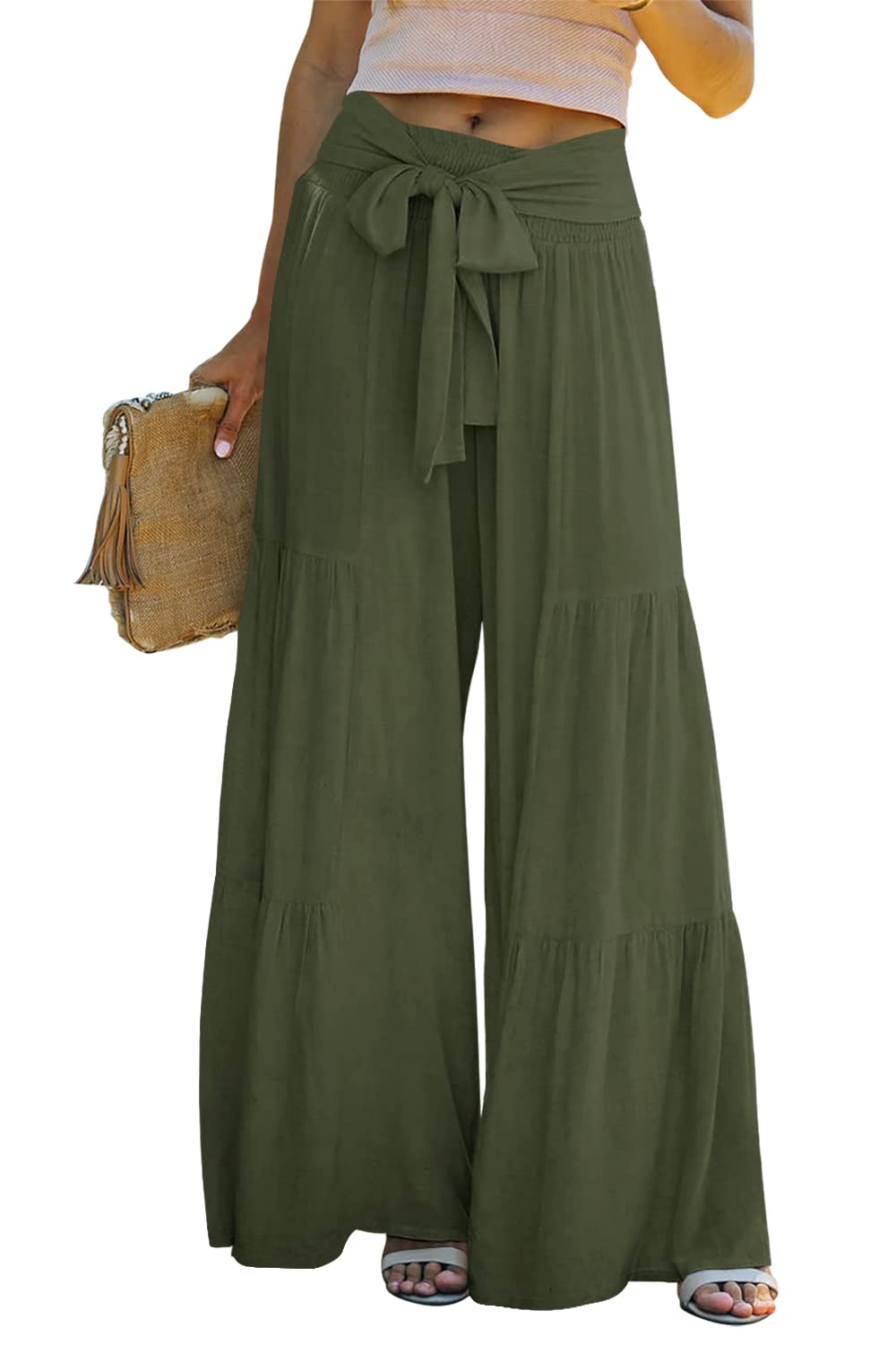 ReachMe Women's Linen Beach Pants - Smocked High Waist Wide Leg Palazzo Lounge Pants for Summer Vacation, Yoga, and Casual Wear
