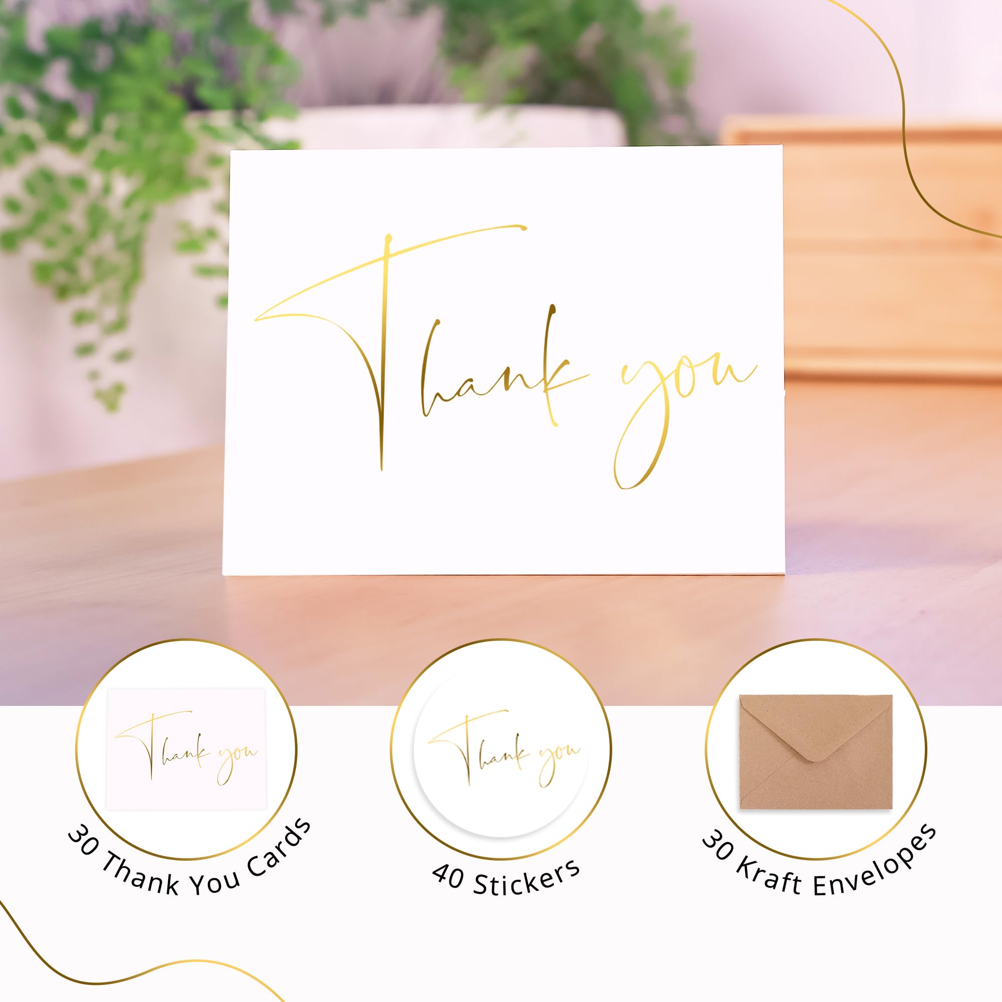 30 Pack Thank You Cards with Envelopes & Matching Stickers - Modern Blank Greeting Cards for Weddings, Baby Showers, Graduation, Bridal Showers & Small Business Appreciation - Premium White Stationery for Special Occasions & Heartfelt Messages