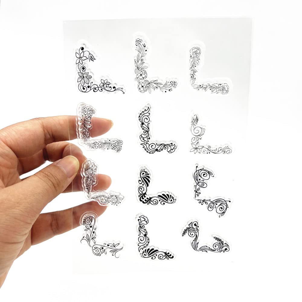 12pcs Corner Lace Flower Clear Stamps for Card Making, DIY Scrapbooking, Embossing & Album Decor - Transparent Silicone Seal Stamps for Beautiful Borders & Craft Projects - Perfect for Wedding Invitations, Journals & Handmade Greeting Cards