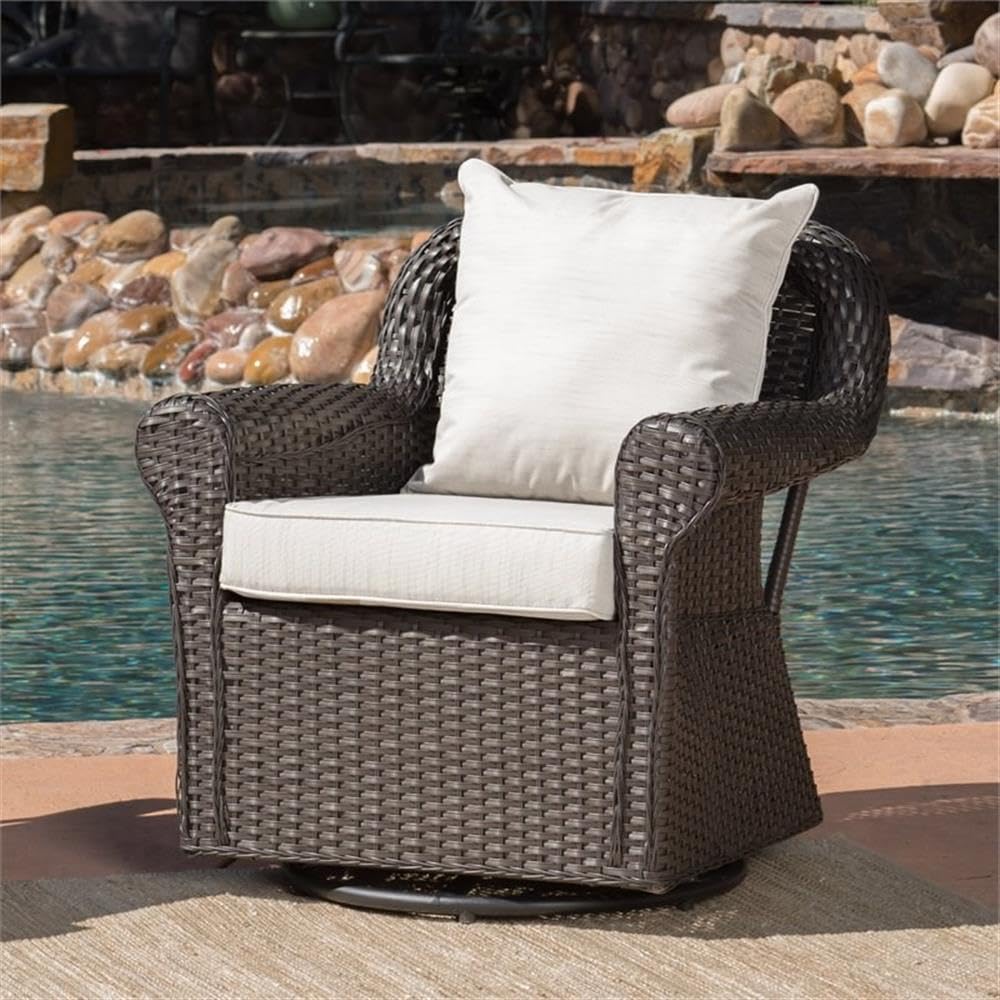 Noble House Amaya Dark Brown Wicker Swivel Rocking Chair with Beige Cushions - Outdoor Patio Furniture for Garden, Porch, and Poolside Relaxation