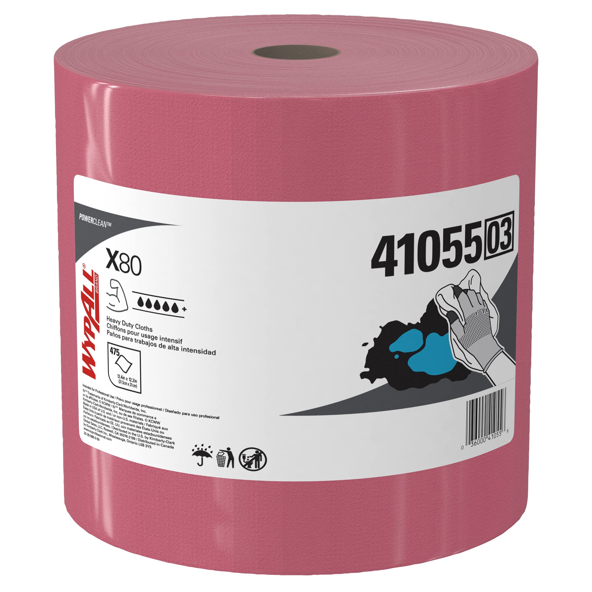 WypAll Power Clean X80 Heavy Duty Industrial Wipes (41055) – Jumbo Roll with 475 Sheets, Red – 1 Roll per Case – Ideal for Automotive, Manufacturing & Workshop Cleaning