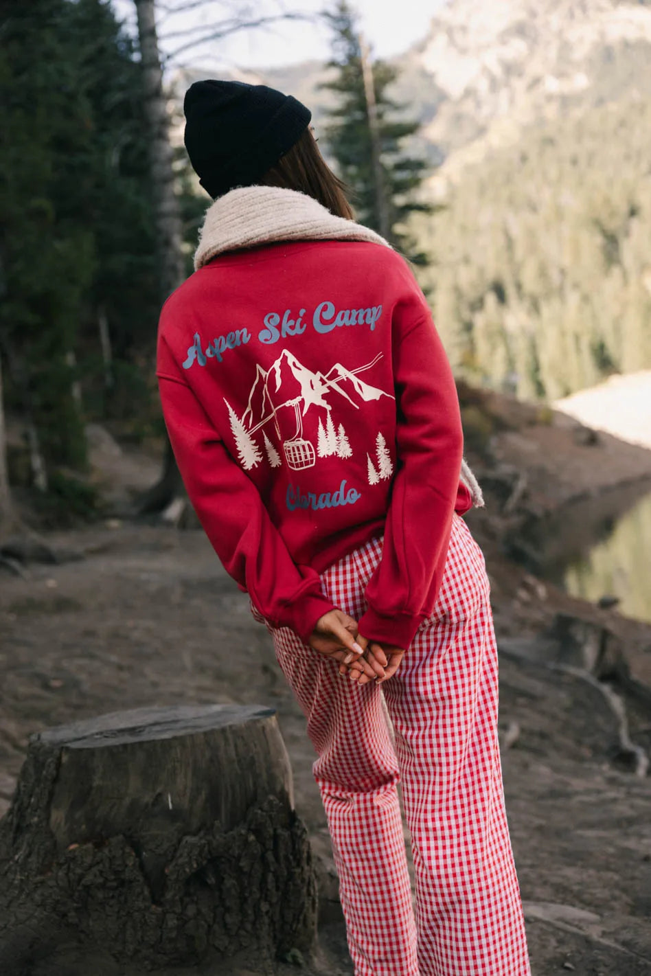 Aspen Ski Camp Crewneck Sweatshirt - Red Winter Pullover for Skiing, Snowboarding & Outdoor Adventures