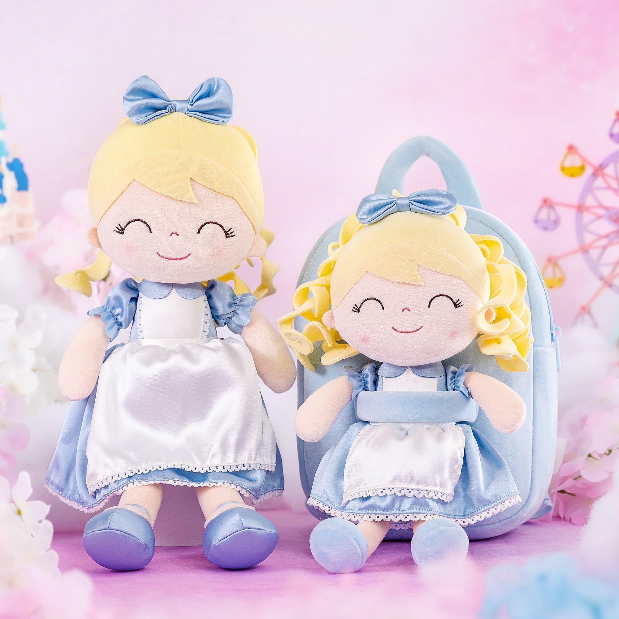 **Gloveleya Soft Plush Toddler Backpack for Girls - Cute Princess Alice Doll Backpack for Kids, Baby Girl Gifts (Blue, 9