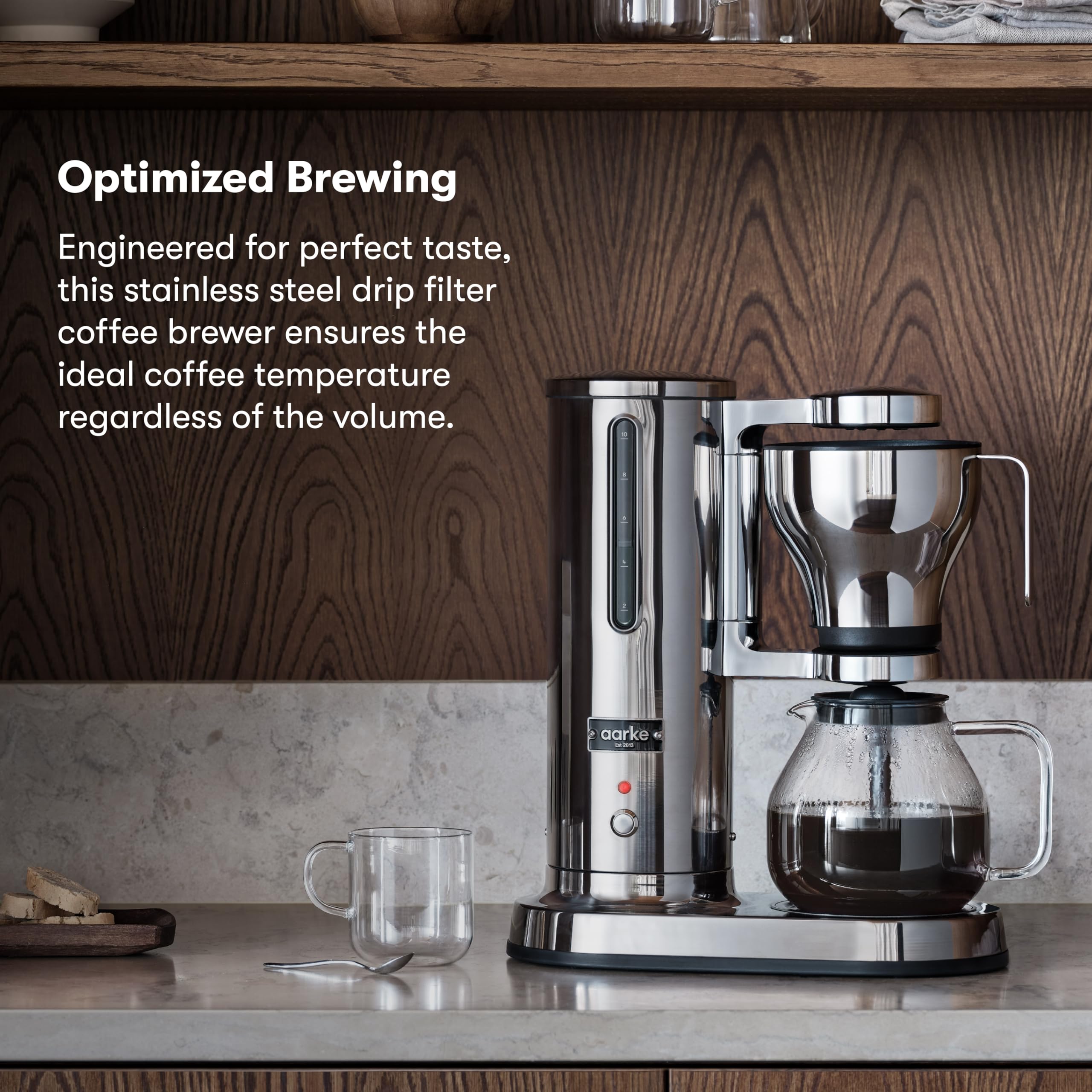 Aarke Electric Drip Coffee Maker - Stainless Steel Filter Coffee Brewer with Glass Carafe & Smart Hot Plate (2-10 Cups, 250mL-1.25L) - Perfect for Home, Office and Restaurant Use