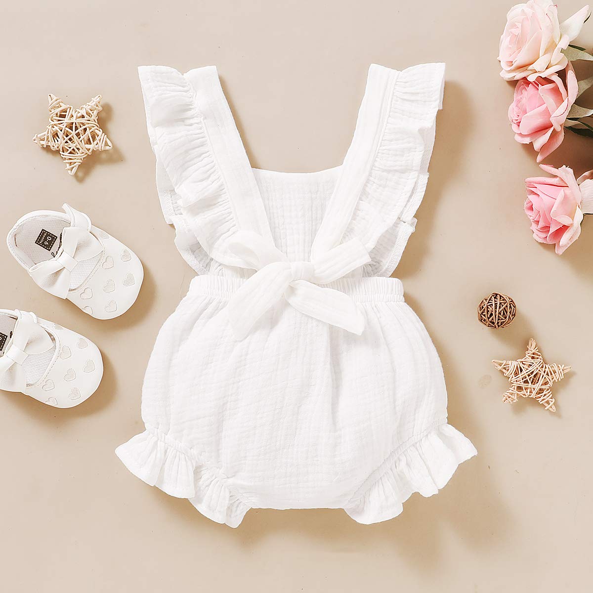YOUNGER TREE Toddler Baby Girl Ruffled Sleeveless Romper - Soft Cotton Linen Summer Jumpsuit for Casual Wear | Perfect for Playdates, Beach Outings & Family Photos