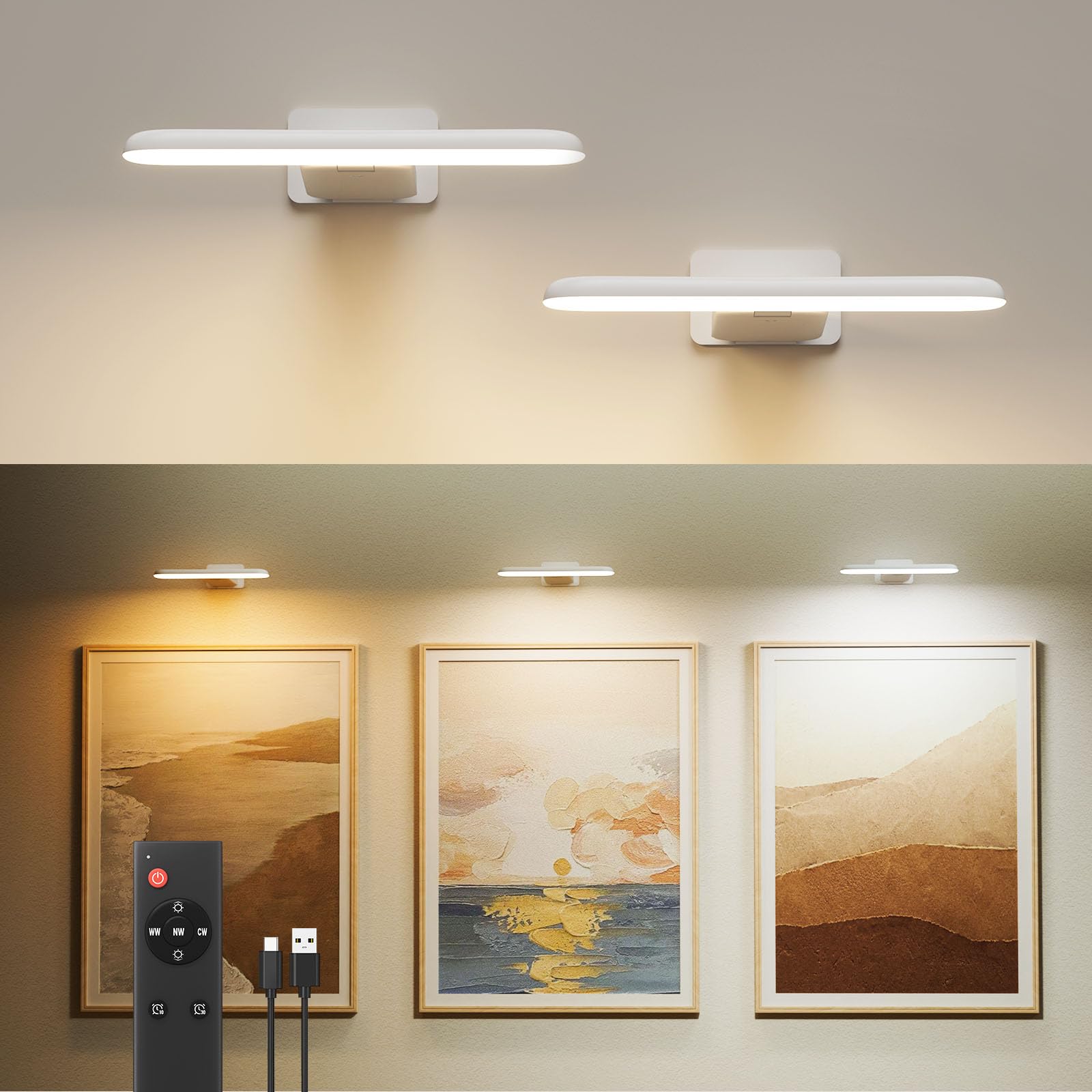 Rechargeable Battery Operated LED Picture Lights for Wall Art - 3 Color Temperatures with Remote Control | Cordless Frame Lighting for Paintings, Gallery & Dartboard | White Set of 2 | Perfect for Home Decor, Art Display & Game Room Lighting