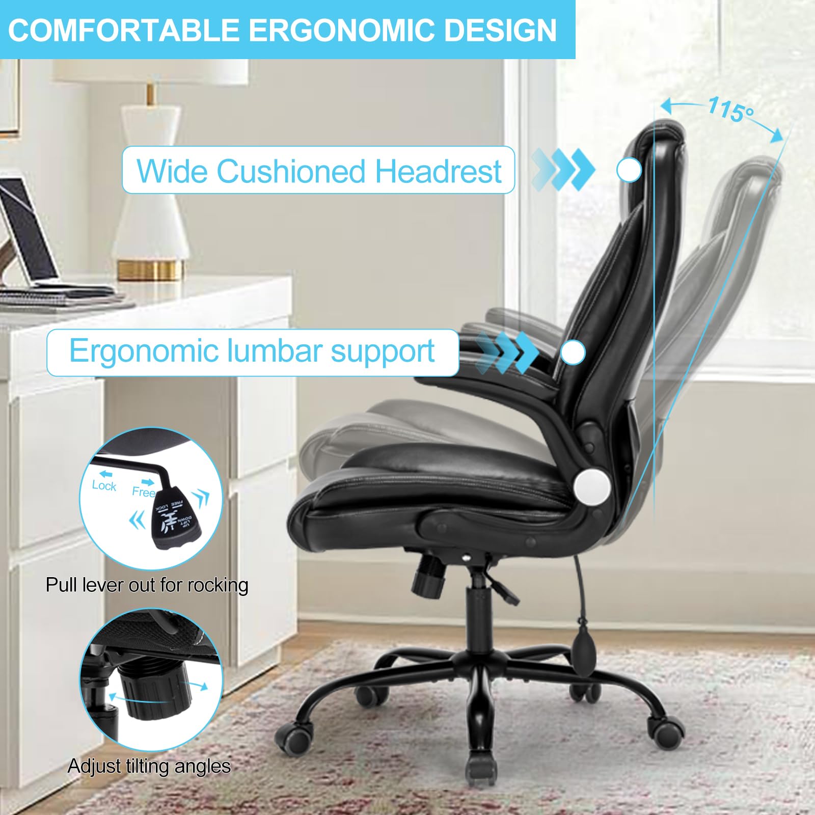 Ergonomic High Back Office Chair - Adjustable Lumbar Support & Flip-Up Arms PU Leather Desk Chair with Spring Cushion for Home Office, Gaming & Computer Workstation
