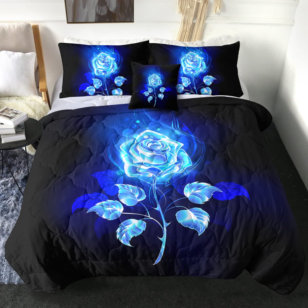 Sleepwish Floral Comforter Set - Queen Size 4-Piece Abstract Rose Quilt with Blue Flame Print | Soft Bedding Set Includes 2 Pillow Shams & 1 Cushion Cover | Perfect for Women & Girls Bedrooms, Guest Rooms or Dorm Decor