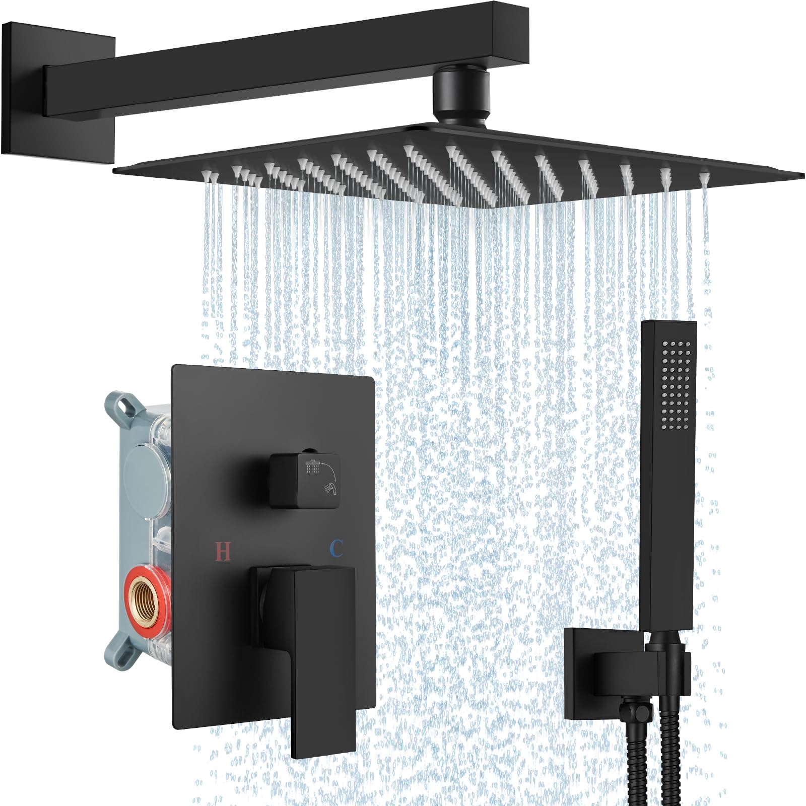 Midanya 12 Inch Matte Black Square Rainfall Shower System - Wall Mount Shower Head with Handheld Sprayer, Rough-in Valve & Mixer Trim Kit - Perfect for Modern Bathroom & Spa-Like Shower Experience