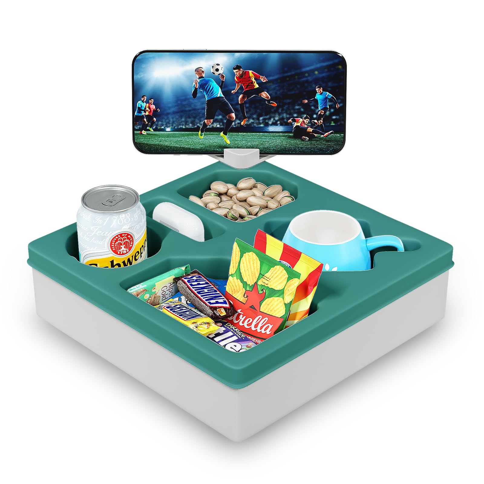 Rotatable Couch Caddy with Phone Holder & Cup Tray - Waterproof Sofa Organizer for Drinks, Snacks, Remote & Cellphone - Perfect for Living Room, Bedroom & Home Theater (Green)