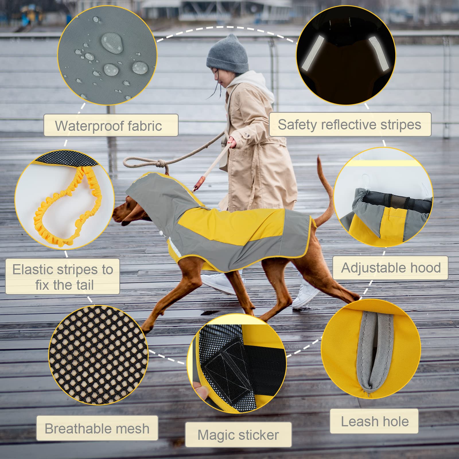 IECOii Waterproof Dog Raincoat with Hood & Reflective Stripes - Adjustable Lightweight Dog Rain Jacket with Magic Sticker for Medium & Large Dogs - Perfect for Walking in Rainy Weather & Nighttime Visibility