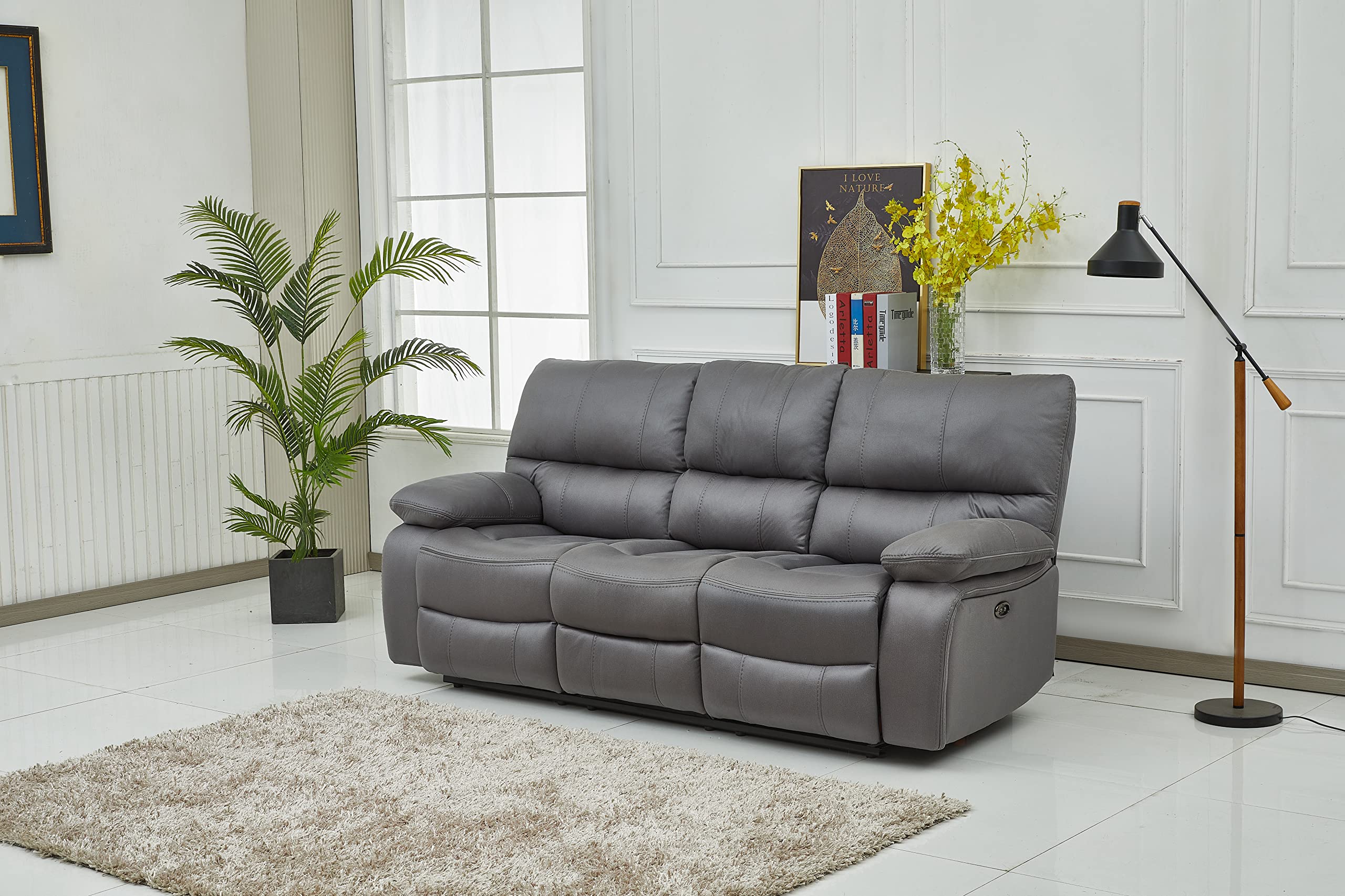 Betsy Furniture Microfiber Power Reclining Sofa Set - 3-Piece Living Room Set with Power Sofa, Loveseat & Chair (Grey) - Perfect for Home Theater, Family Rooms & Relaxation