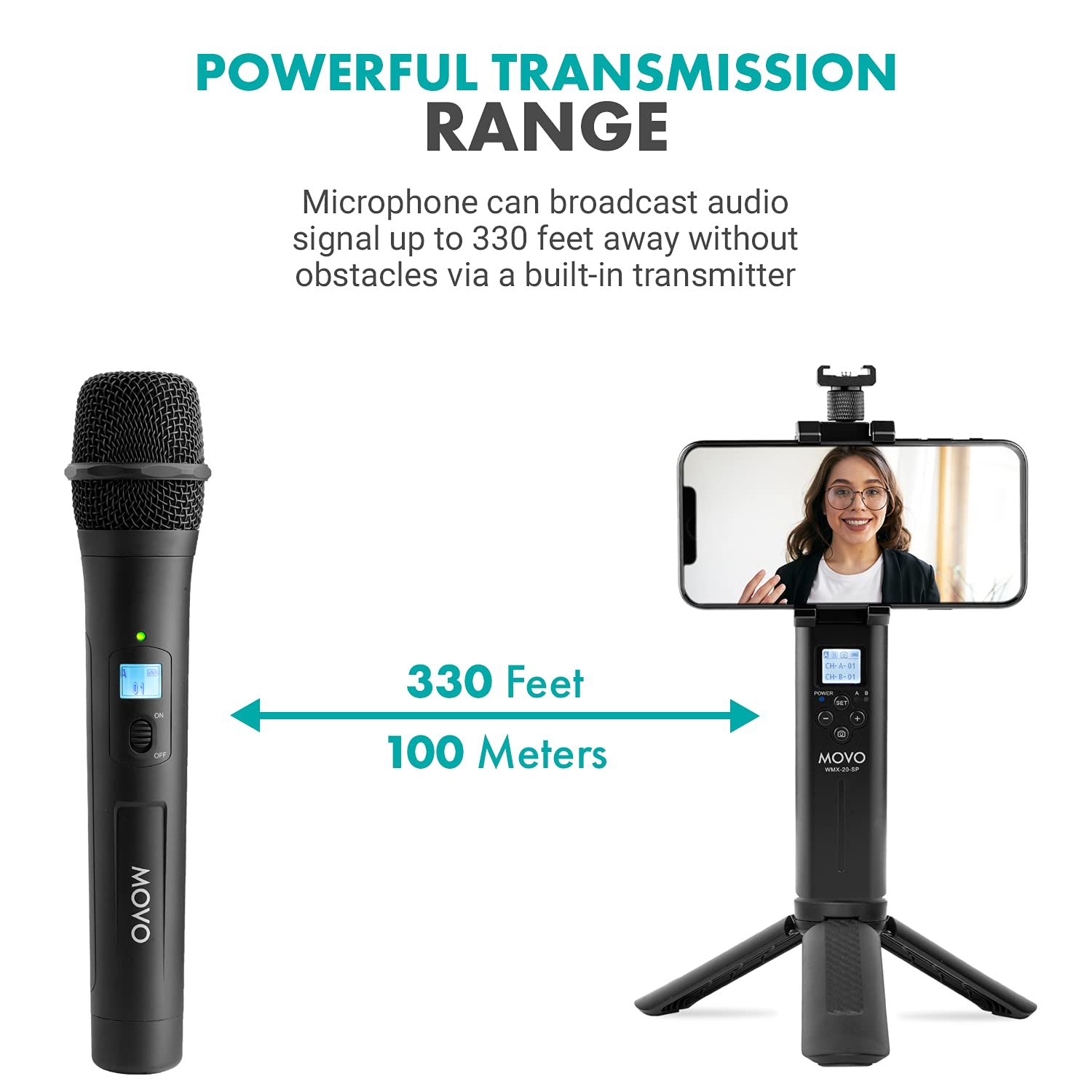 Movo 48-Channel UHF Wireless Microphone System with 2 Handheld Mics & Smartphone Receiver - Professional Cordless Mic Kit for Interviews, Vlogging, Reporting & Live Streaming - Includes Mini Tripod for Mobile Recording