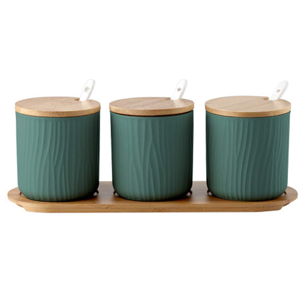 Premium Ceramic Spice Jars with Wooden Lids & Spoons - 10oz Spice Storage Containers Set of 3 for Kitchen Organization - Perfect for Storing Spices, Herbs, Tea Leaves & Coffee Beans - Ideal for Home Cooking, Baking & Coffee Brewing