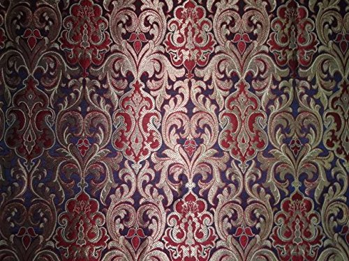 Navy Blue and Maroon Silk Brocade Fabric with Metallic Gold - Premium Material for Sewing, Fashion Design, Home Decor, Doll Dresses, and Interior Furnishing - Perfect for DIY Projects, Wedding Decor, and Luxury Upholstery