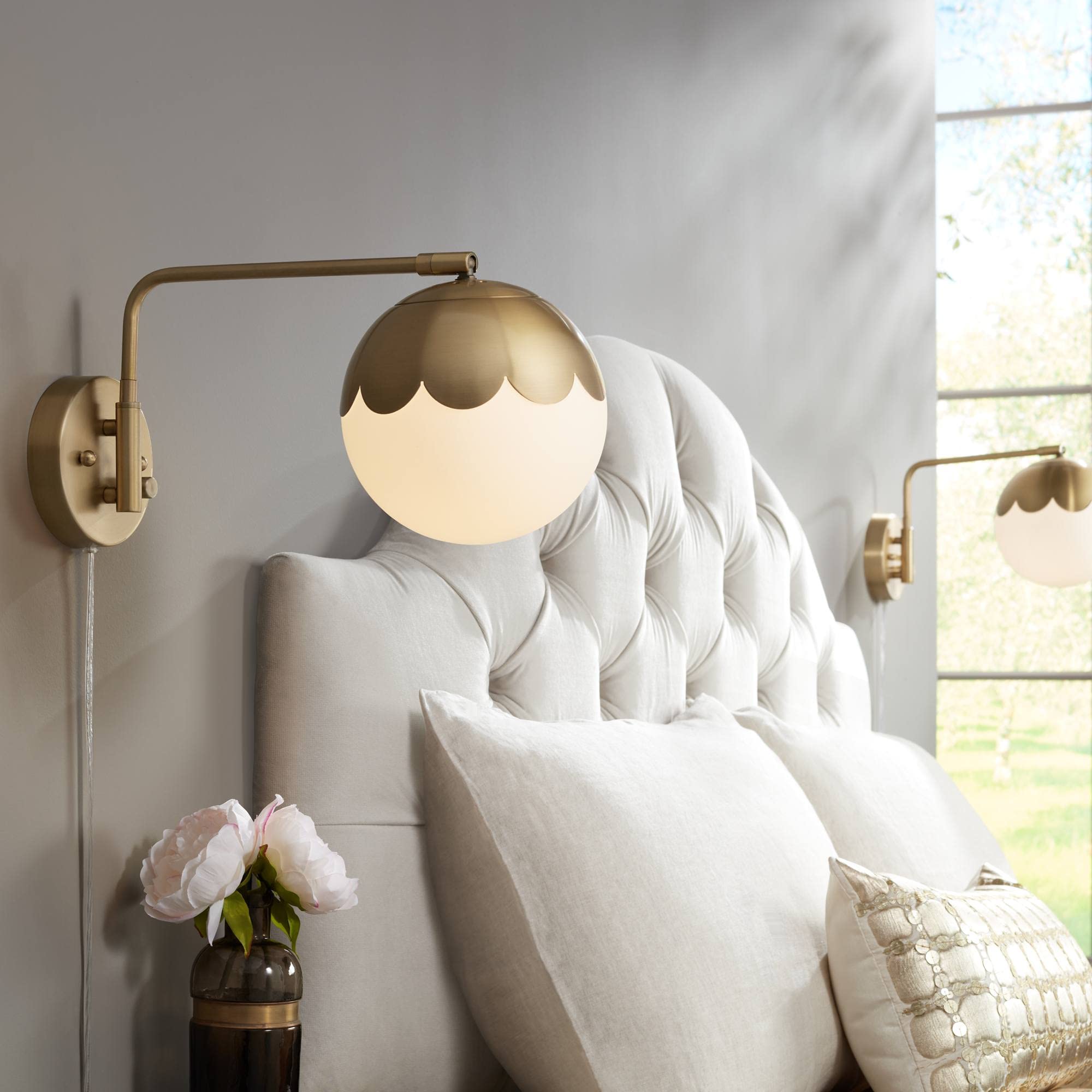 360 Lighting Kelowna Modern Swing Arm Wall Lamps (Set of 2) - Antique Brass Plug-in Wall Sconces with Round Glass Globe Shade - Perfect for Bedroom, Living Room, Hallway & Dining Room Lighting - Ideal for Reading, Bedside & Home Decor