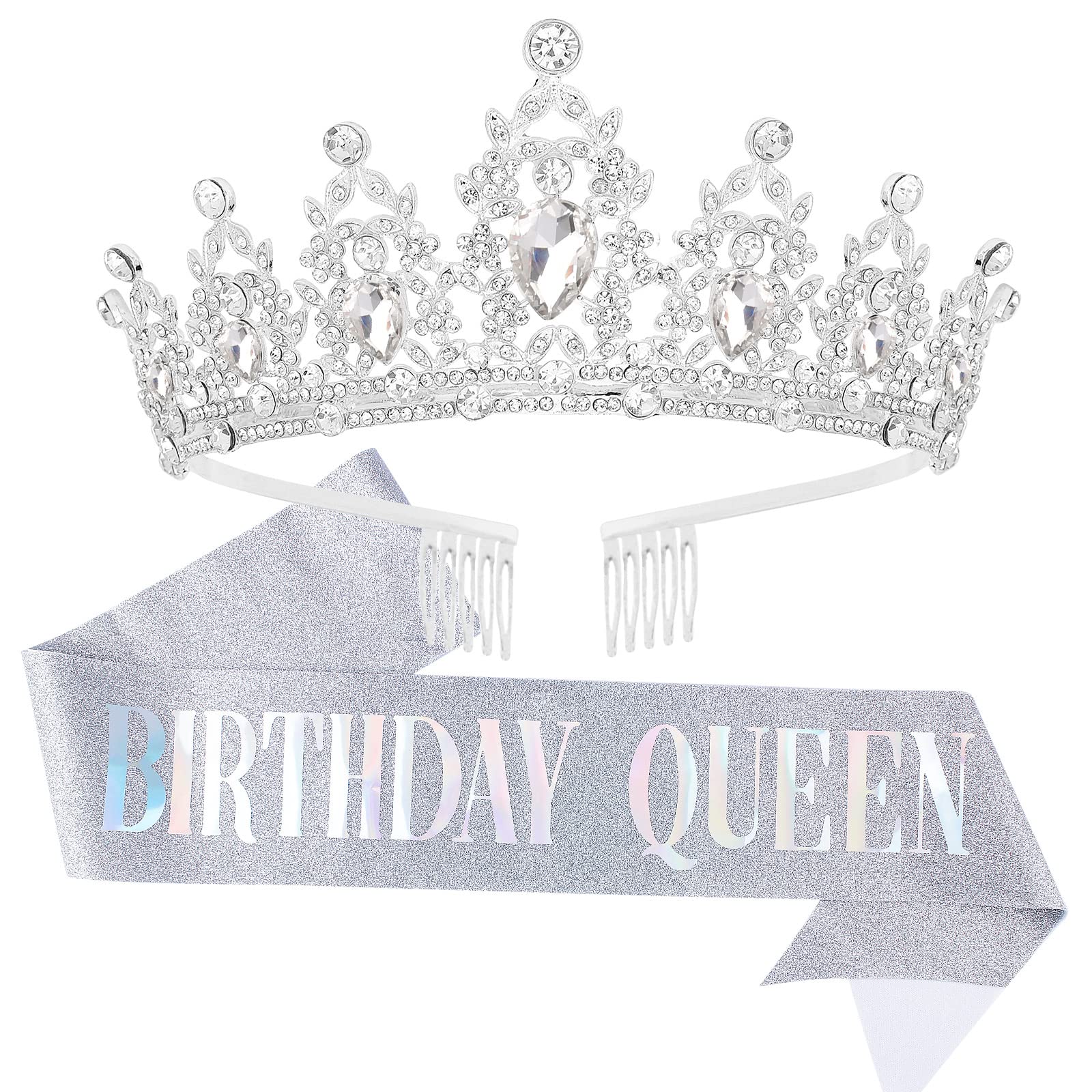 BIRTHDAY QUEEN Sash & Tiara Set for Women - Crystal Rhinestone Crown with Comb & Silver Glitter Satin Sash - Prom Party Hair Accessories & Cake Topper Kit (Silver Set) - Perfect for Birthday Celebrations, Bachelorette Parties & Special Events
