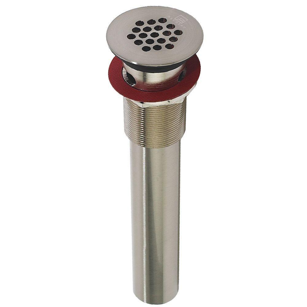 Decolav 9.75 x 2.2 Inch Satin Nickel Brass Grid Drain with Overflow - Bathroom Sink Drain for Vanity, Vessel Sinks & Modern Bathroom Fixtures (Model 525097)
