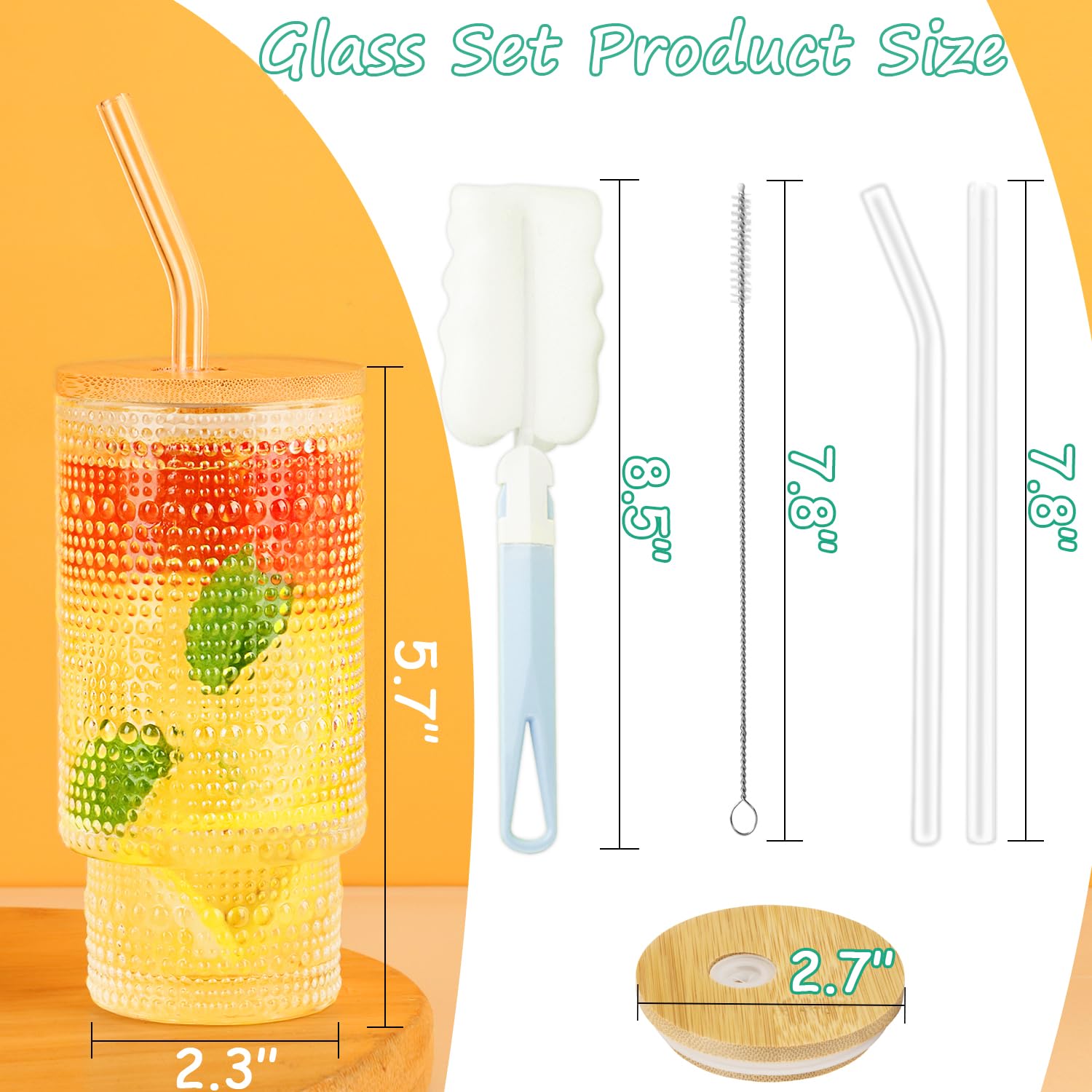 Gusnilo 6-Piece Set 11oz Glass Cups with Bamboo Lids & Straws - Stackable Vintage Hobnail Drinking Glasses for Coffee, Tea, Juice - Clear Glassware for Home, Restaurant, and Party Use (6Pcs)