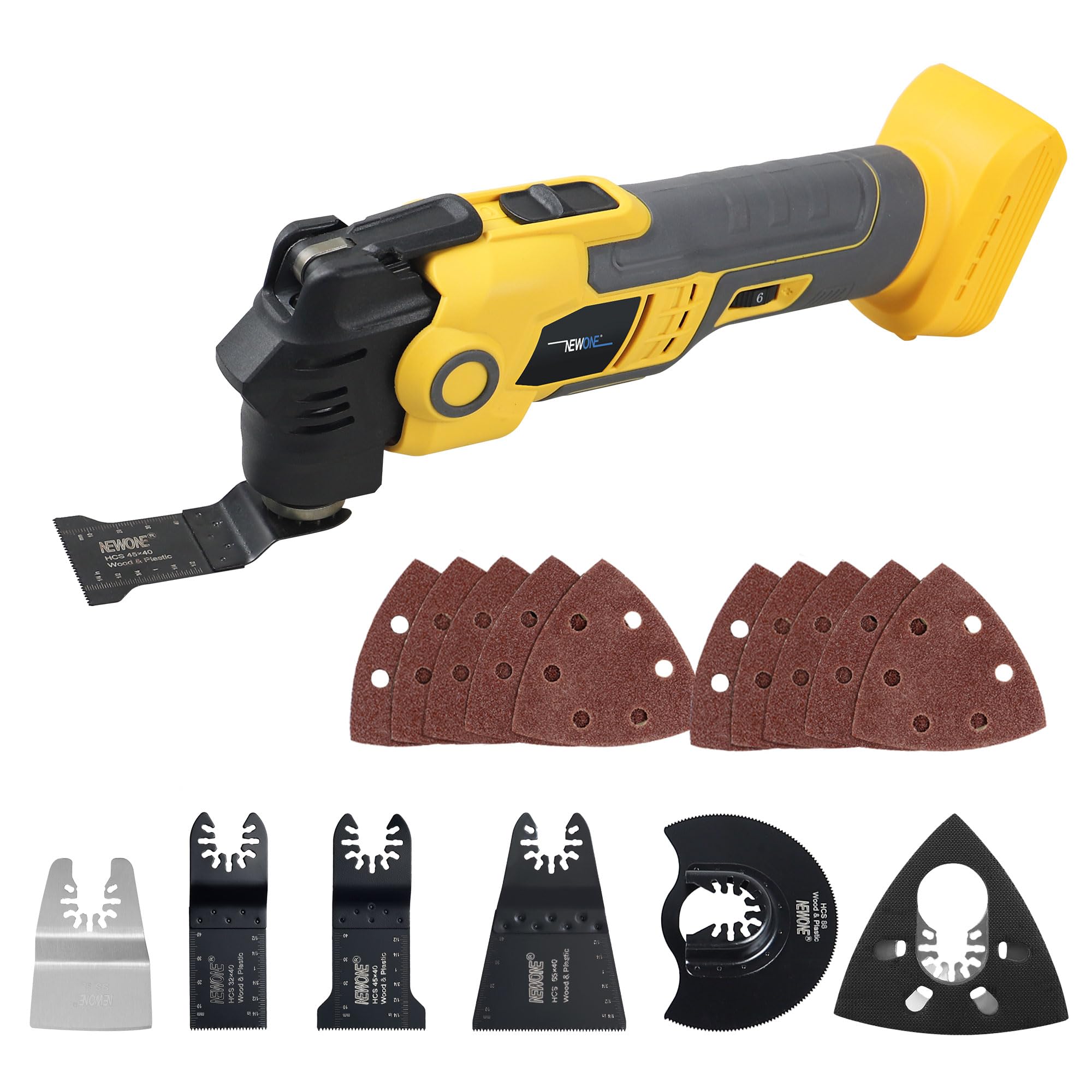 NEWONE Oscillating Multi-Tool Kit - Compatible with DeWalt 20V Battery, 6 Variable Speed, 3.6° Oscillation Angle, Anti-Vibration Design with 16-Piece Accessory Blades Set - Perfect for Woodworking, Flooring, Grout Removal & DIY Home Renovation Projects