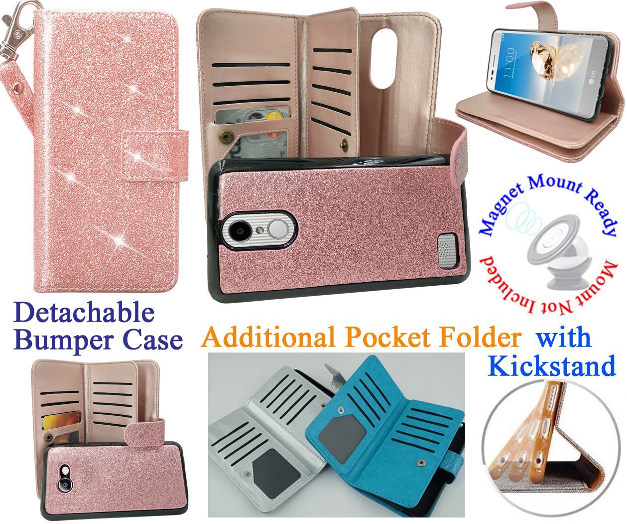 LG Phoenix 3/K4 2017 Glitter Wallet Case with Stand & Magnetic Mount - Rose for Daily Use