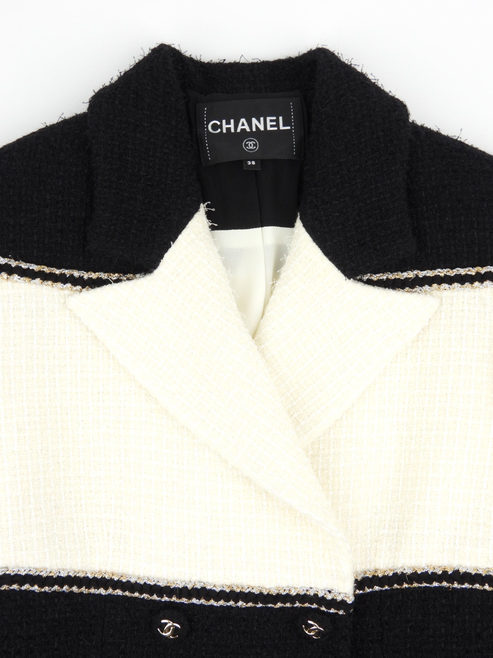 Chanel 20A Black Cream Gold Wool Tweed Double Breasted Jacket Skirt Suit Set FR38 | Luxury Women's Fashion Outfit for Business Meetings & Special Occasions